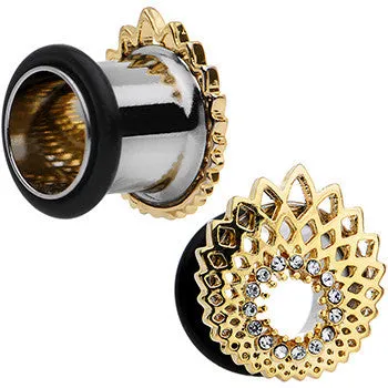 00 Gauge Clear Gem Golden Gala Feather Single Flare Tunnel Plug Set