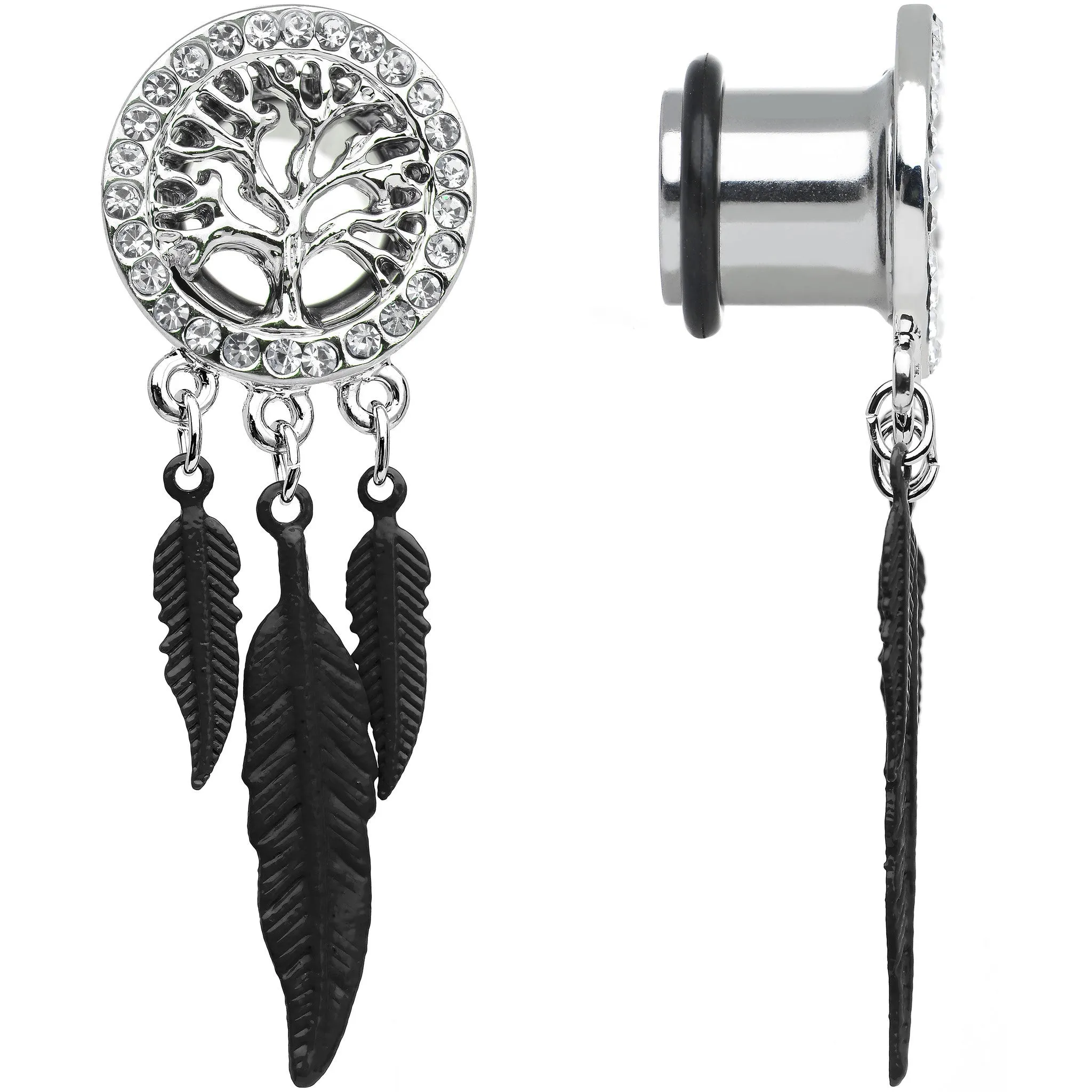 00 Gauge Clear Gem Steel Single Flare Tree of Life Dangle Plug Set