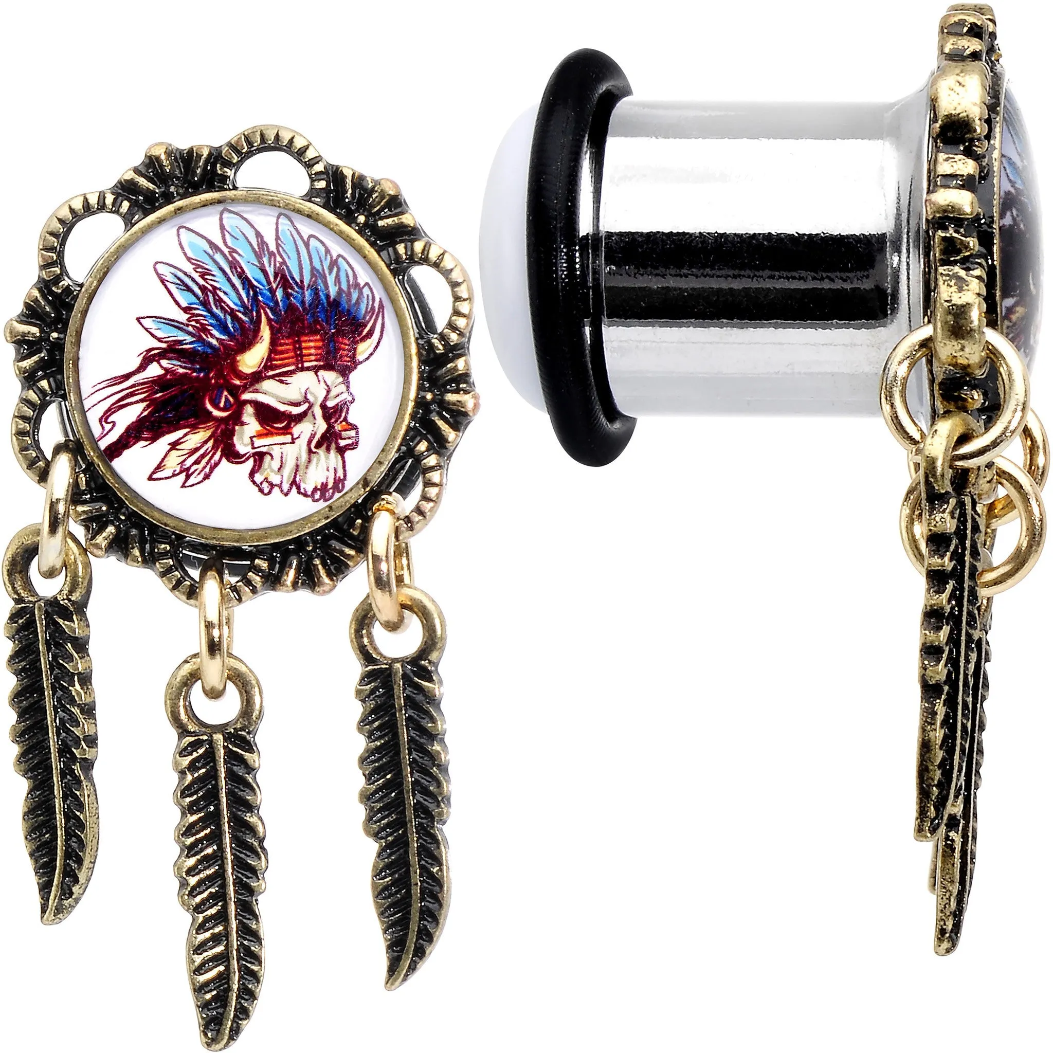 00 Gauge Steel Indian Skull Single Flare Feather Dangle Plug Set