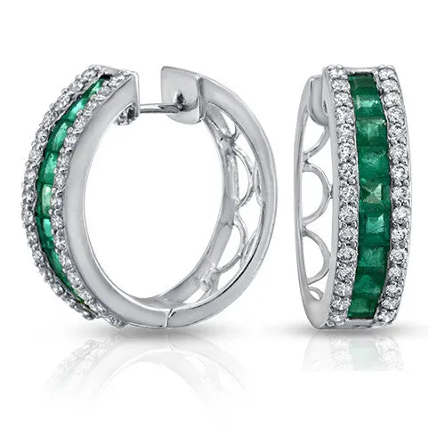 0.98 Carat Channel Set Emerald Huggie Hoop Earrings 14k White Gold