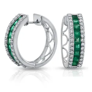 0.98 Carat Channel Set Emerald Huggie Hoop Earrings 14k White Gold