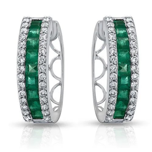 0.98 Carat Channel Set Emerald Huggie Hoop Earrings 14k White Gold