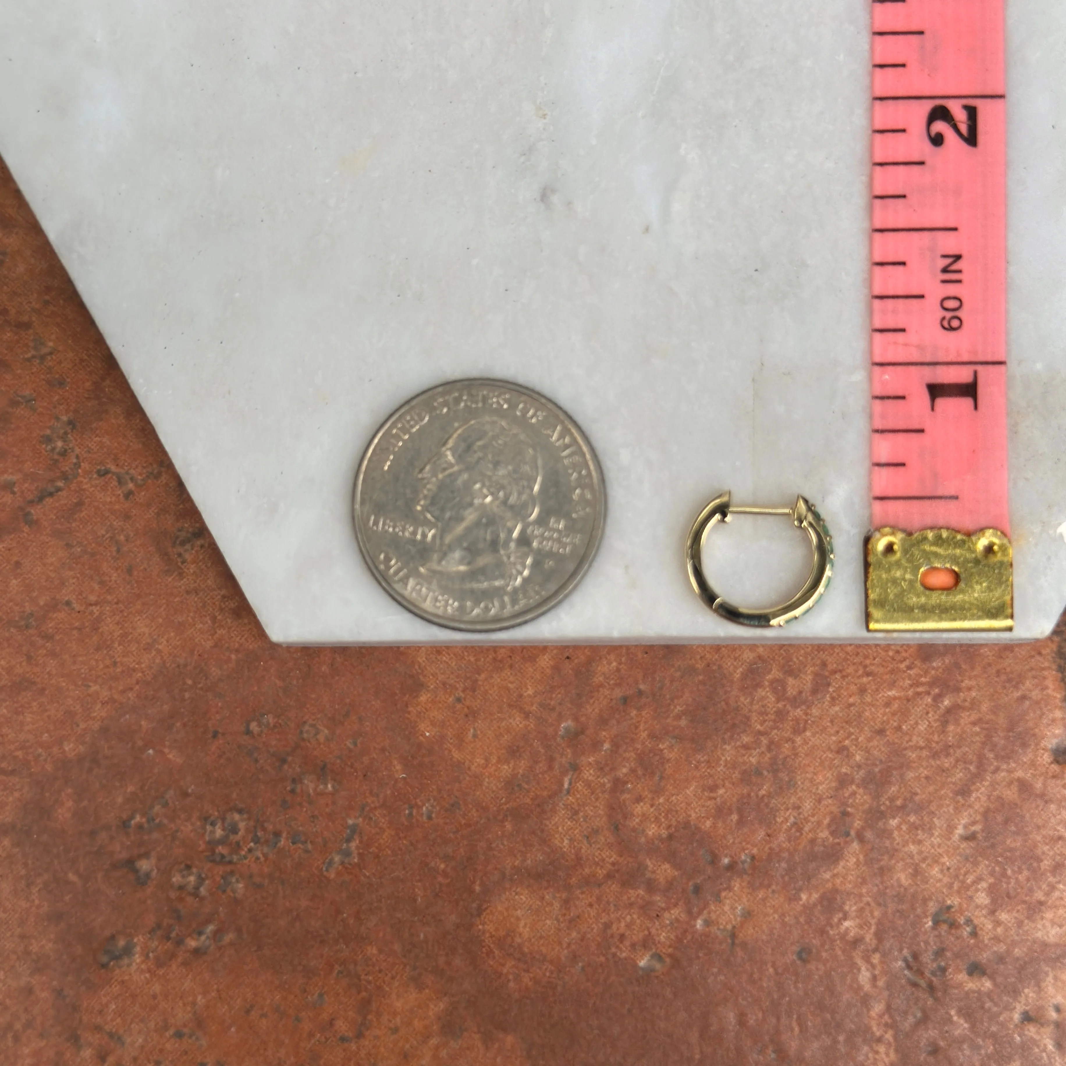 10KT Yellow Gold Round Genuine Emerald Huggie Hoop Earrings 8mm