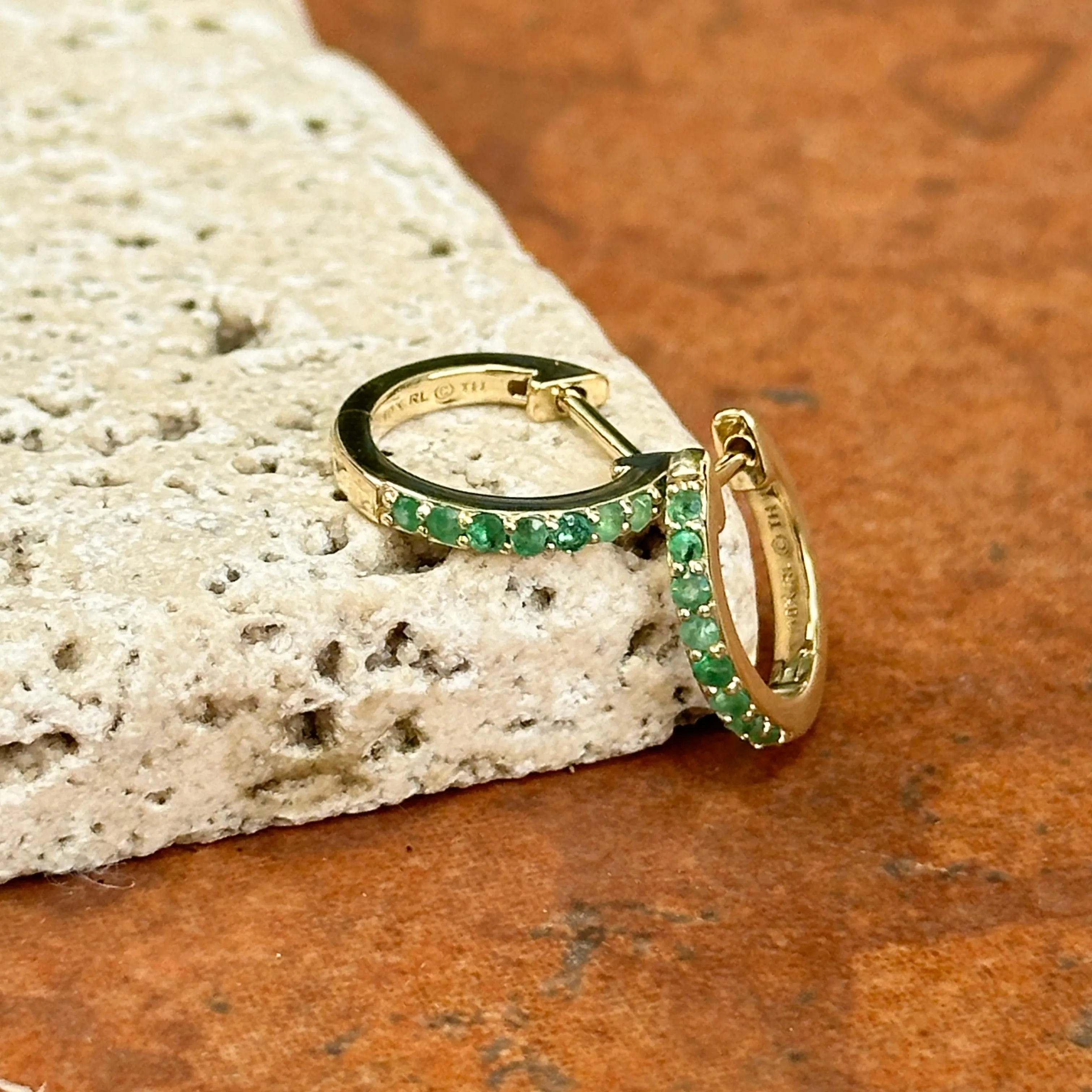 10KT Yellow Gold Round Genuine Emerald Huggie Hoop Earrings 8mm