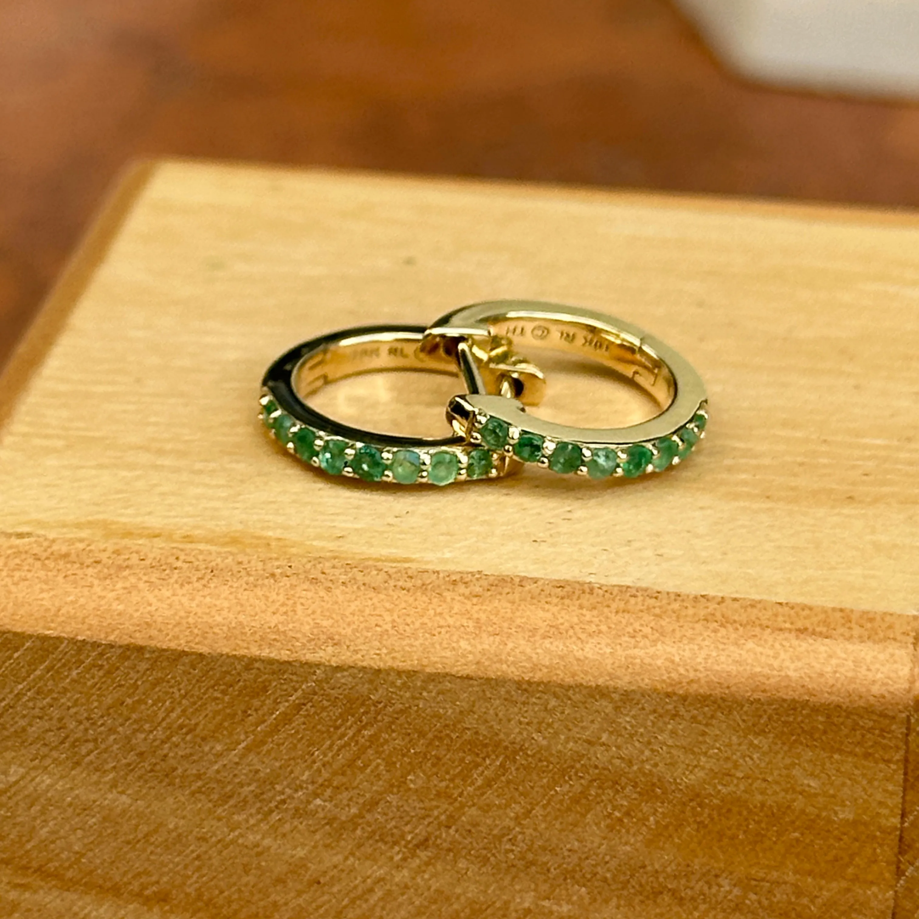 10KT Yellow Gold Round Genuine Emerald Huggie Hoop Earrings 8mm