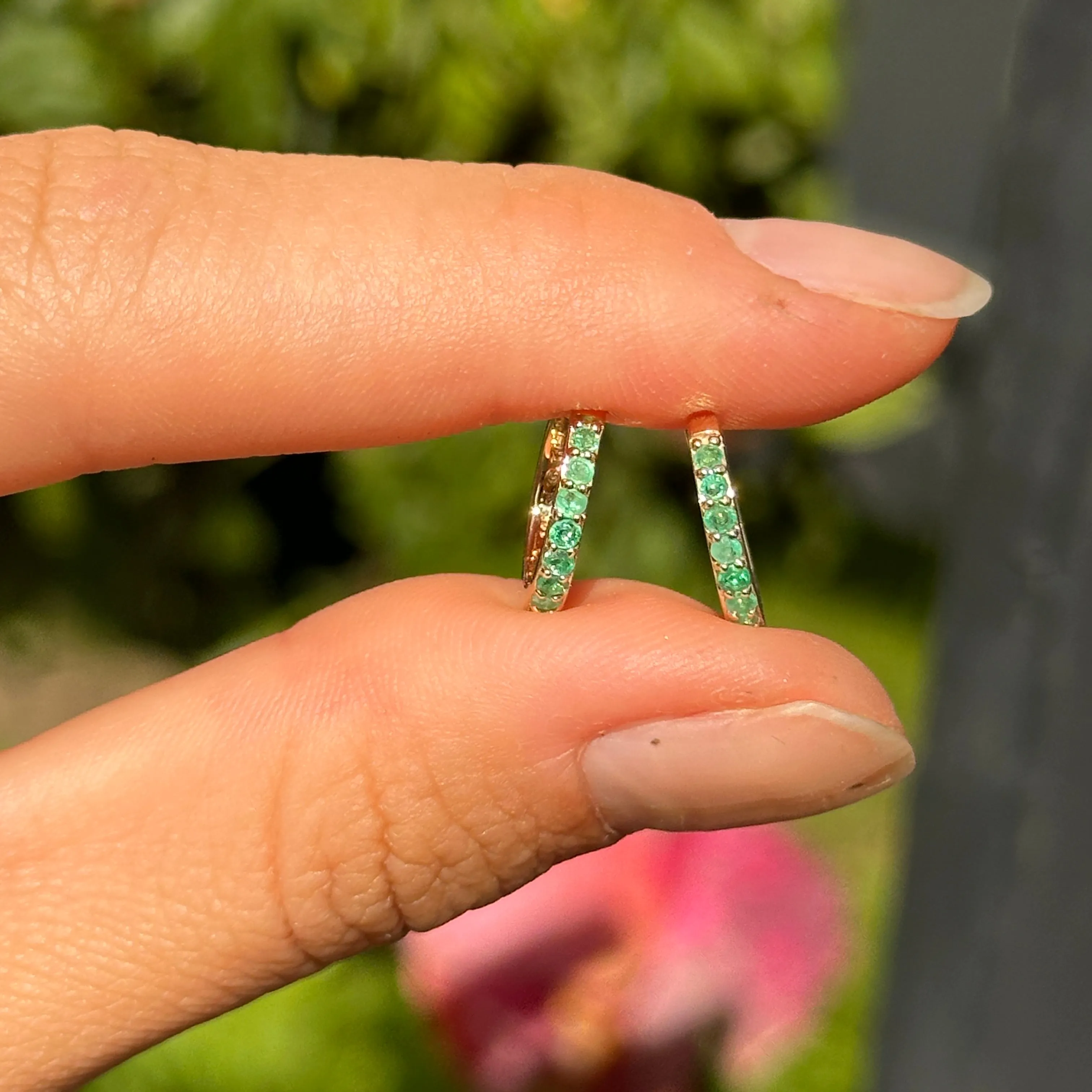 10KT Yellow Gold Round Genuine Emerald Huggie Hoop Earrings 8mm