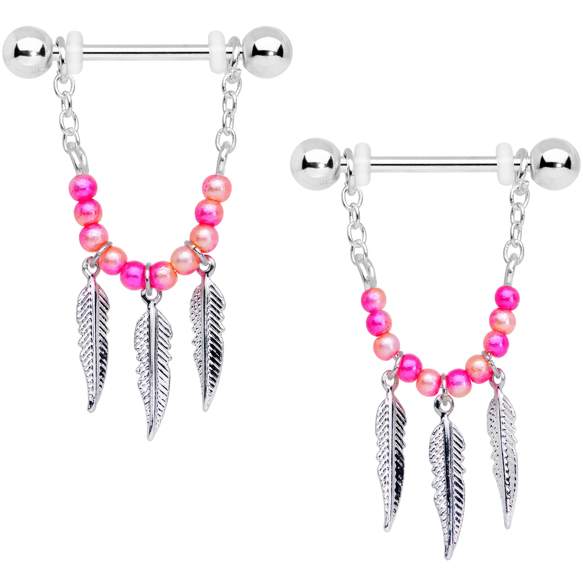 14 Gauge 1/2 Pink Peach Bead Feather Dangle Nipple Ring Set