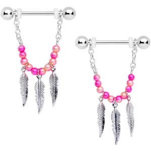 14 Gauge 1/2 Pink Peach Bead Feather Dangle Nipple Ring Set
