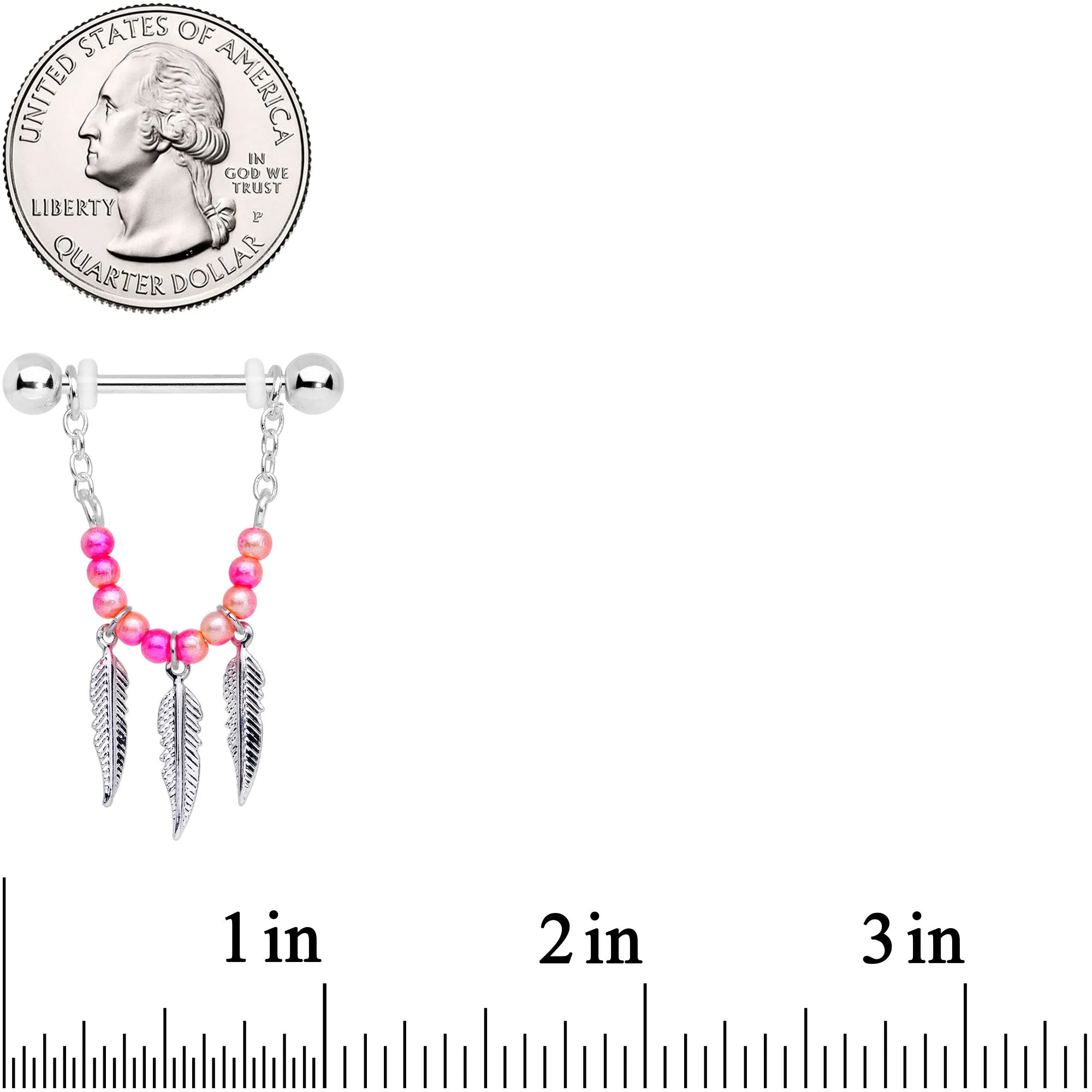 14 Gauge 1/2 Pink Peach Bead Feather Dangle Nipple Ring Set
