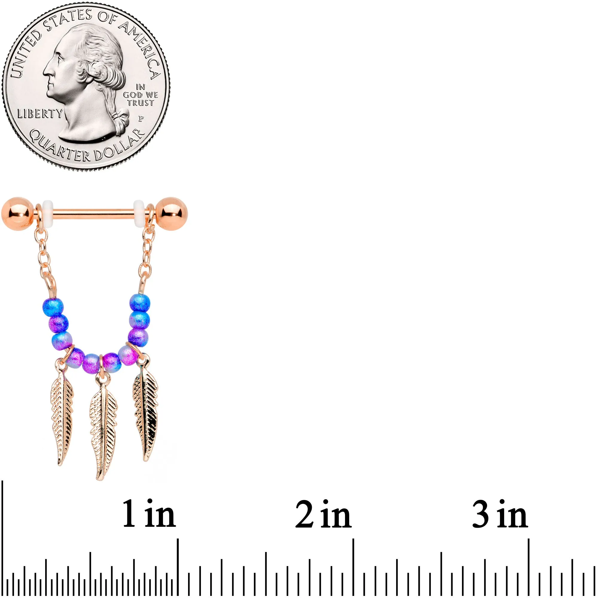 14 Gauge 1/2 Rose Gold Tone Blue Pink Bead Feather Dangle Nipple Set