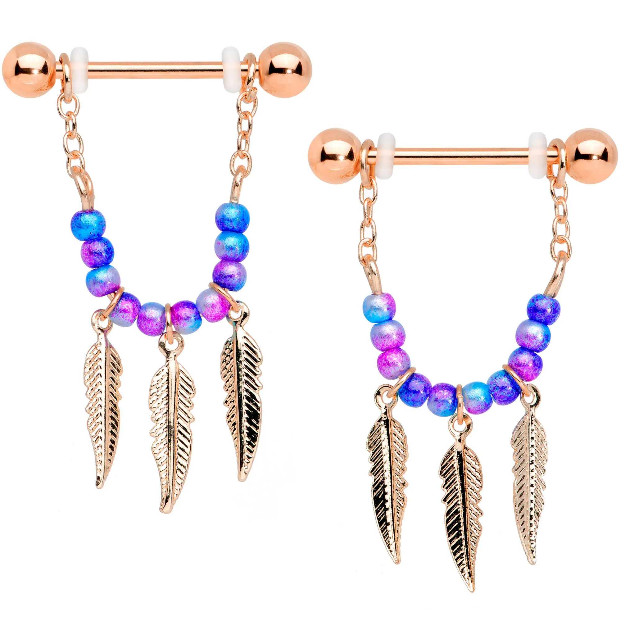 14 Gauge 1/2 Rose Gold Tone Blue Pink Bead Feather Dangle Nipple Set