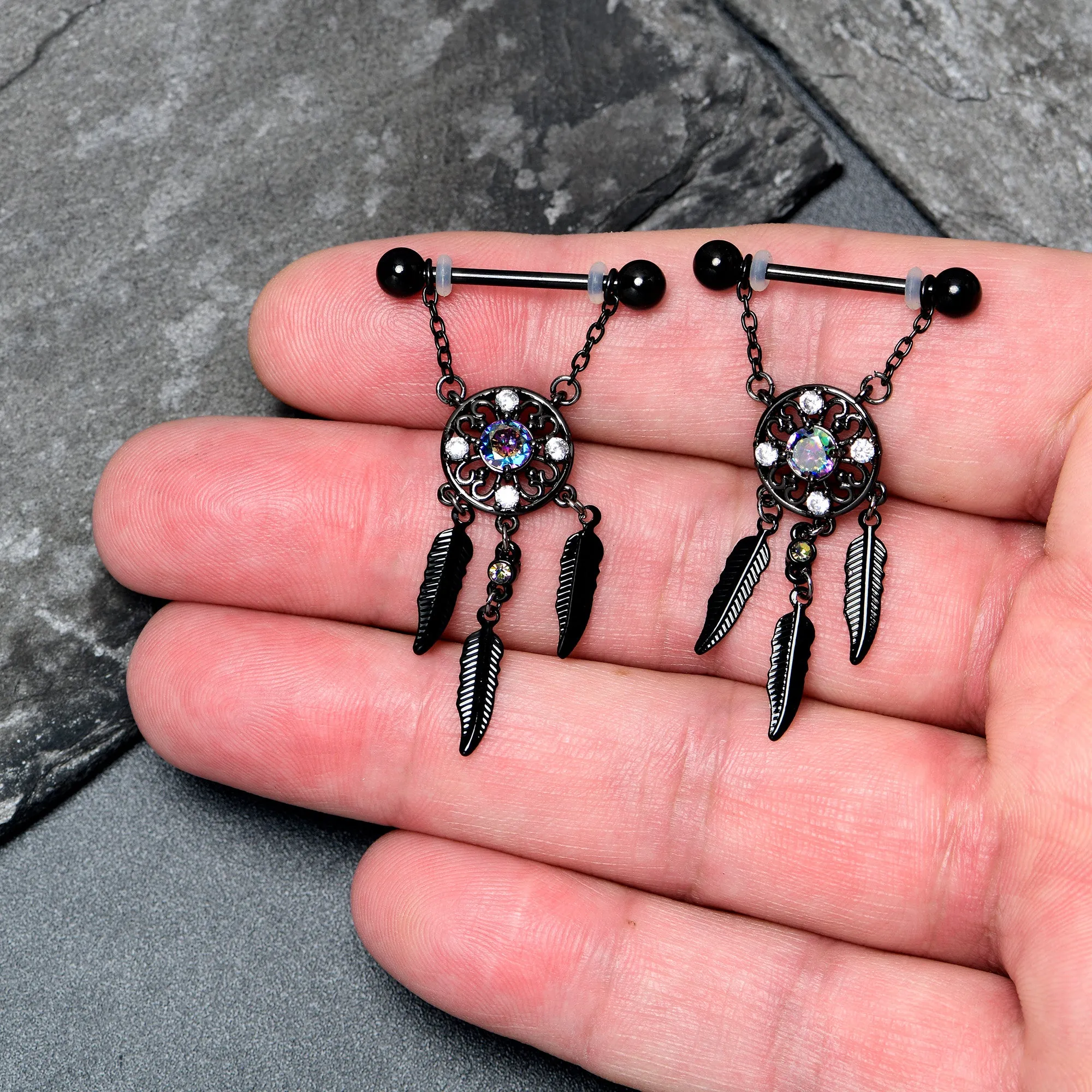 14 Gauge 9/16 Aurora CZ Gem Black Dreamcatcher Dangle Nipple Ring Set