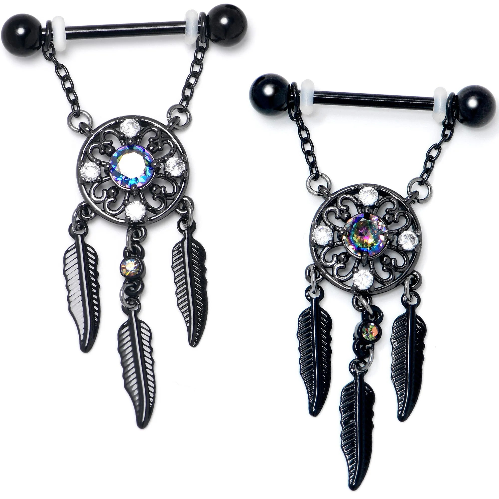 14 Gauge 9/16 Aurora CZ Gem Black Dreamcatcher Dangle Nipple Ring Set