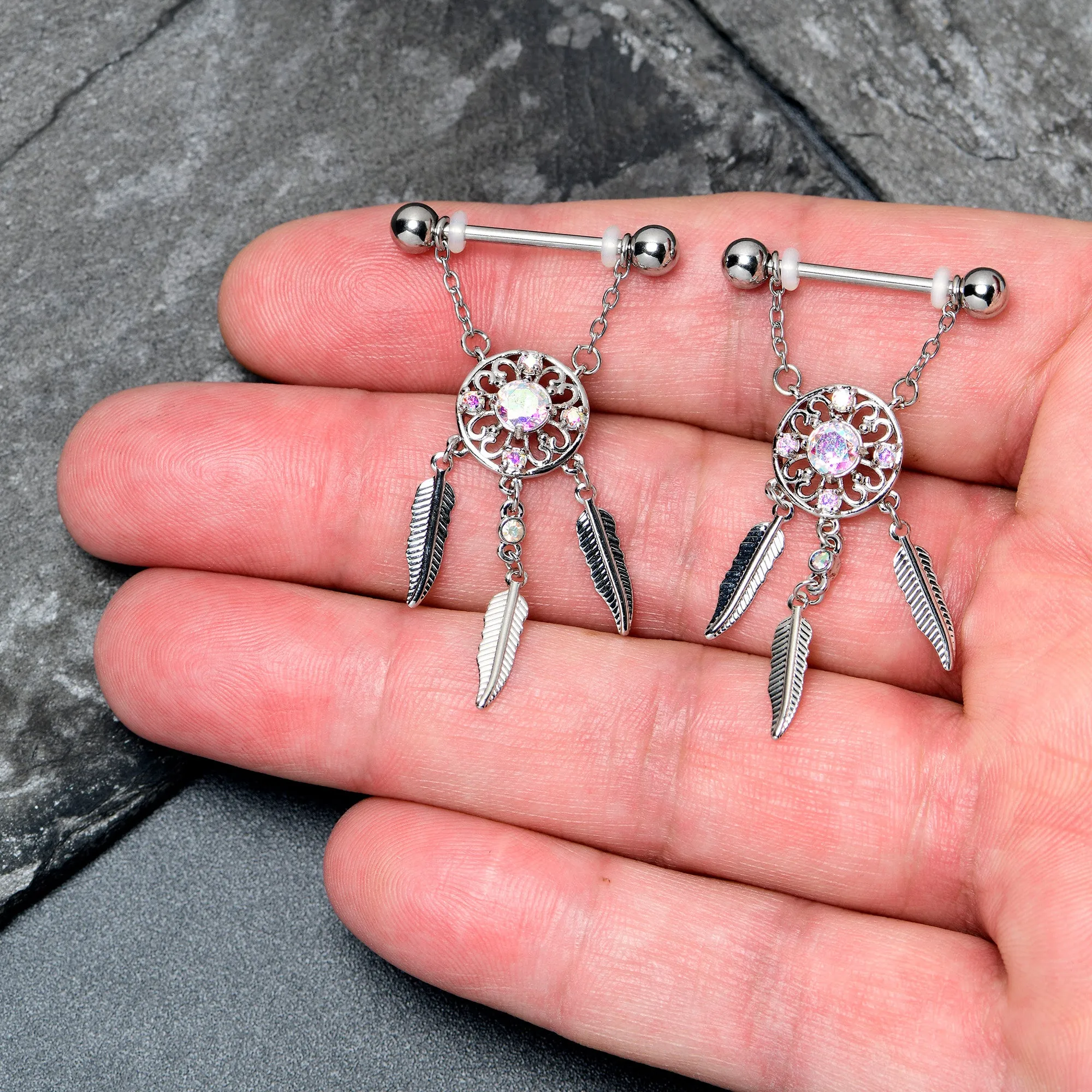 14 Gauge 9/16 Aurora CZ Gem Dreamcatcher Dangle Nipple Ring Set