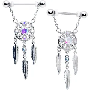 14 Gauge 9/16 Aurora CZ Gem Dreamcatcher Dangle Nipple Ring Set