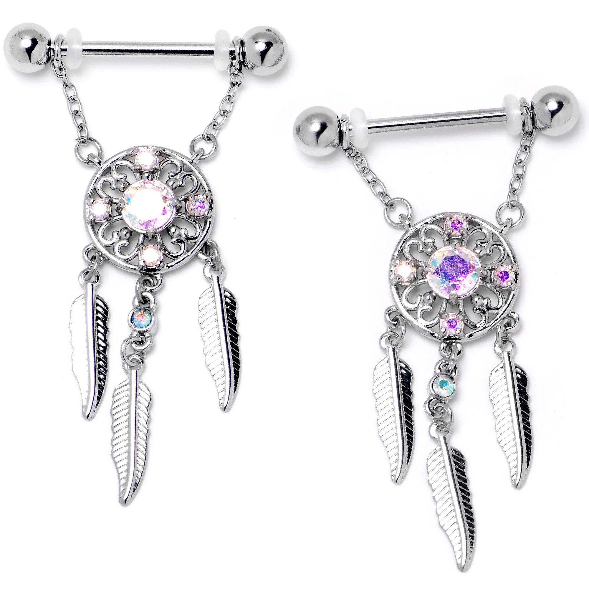 14 Gauge 9/16 Aurora CZ Gem Dreamcatcher Dangle Nipple Ring Set