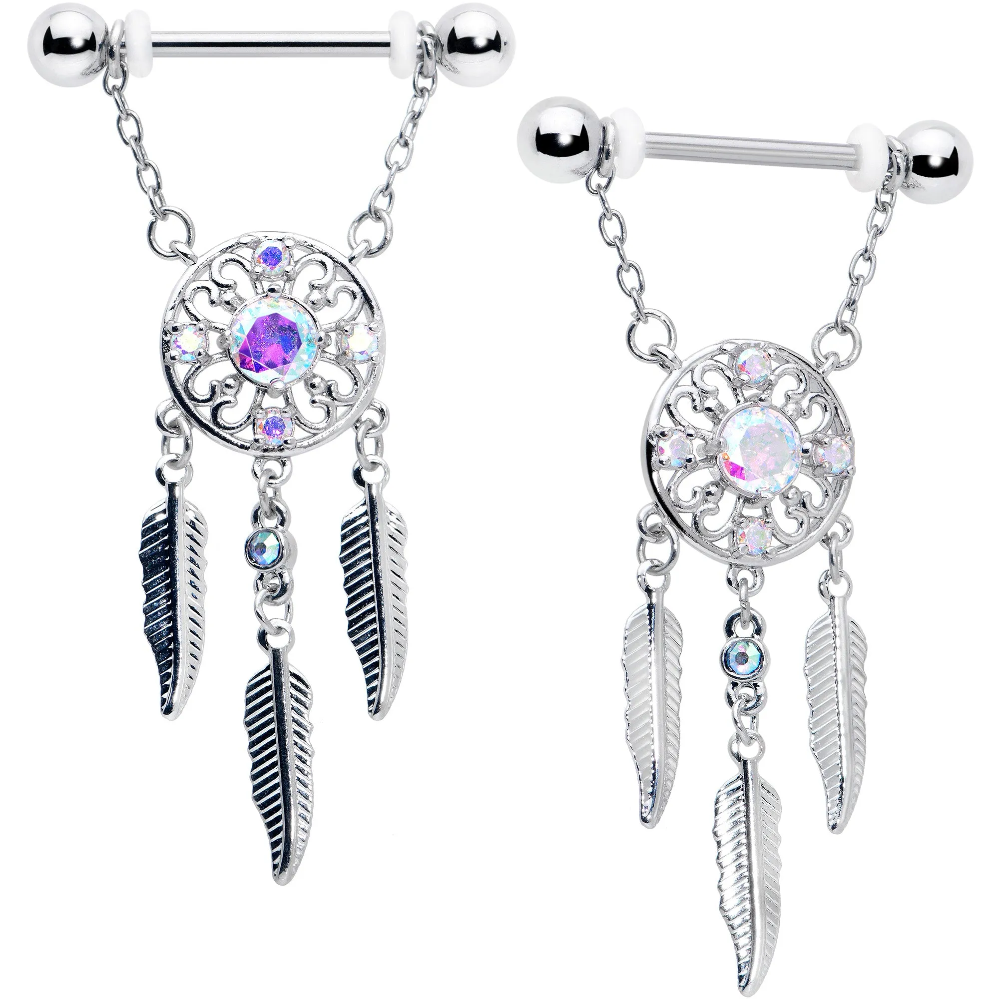 14 Gauge 9/16 Aurora CZ Gem Dreamcatcher Dangle Nipple Ring Set