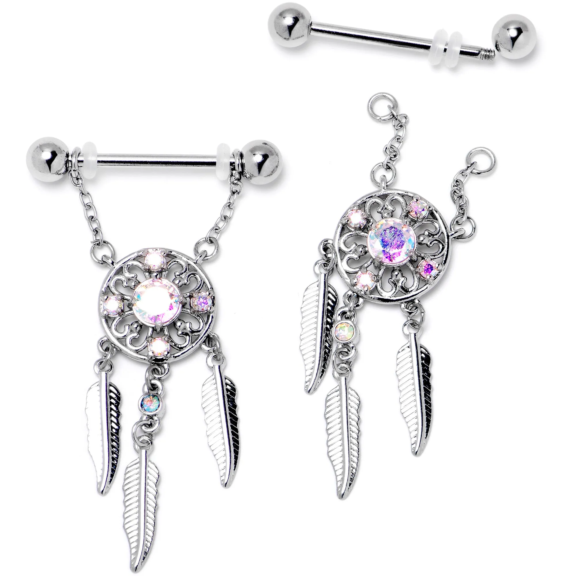 14 Gauge 9/16 Aurora CZ Gem Dreamcatcher Dangle Nipple Ring Set