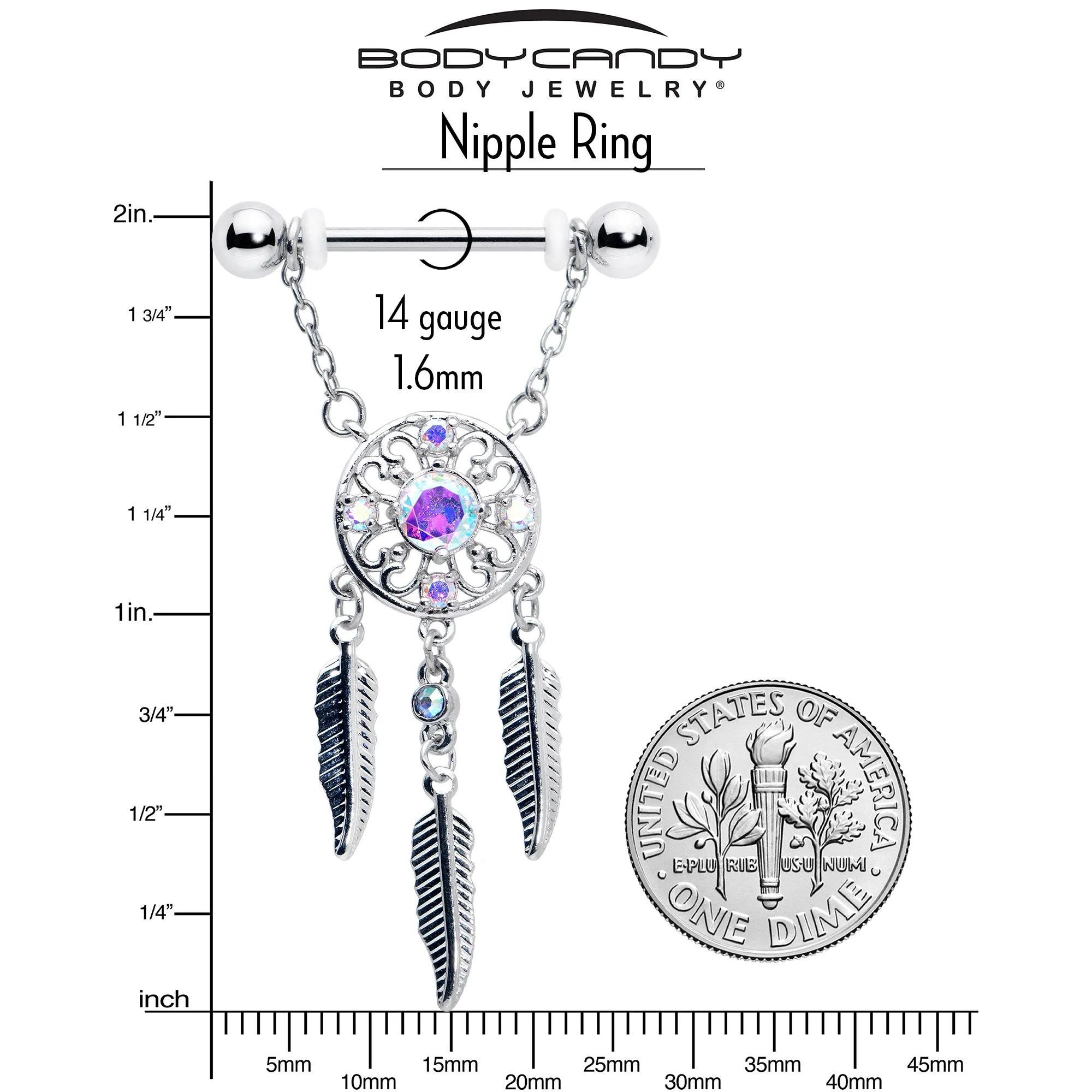 14 Gauge 9/16 Aurora CZ Gem Dreamcatcher Dangle Nipple Ring Set