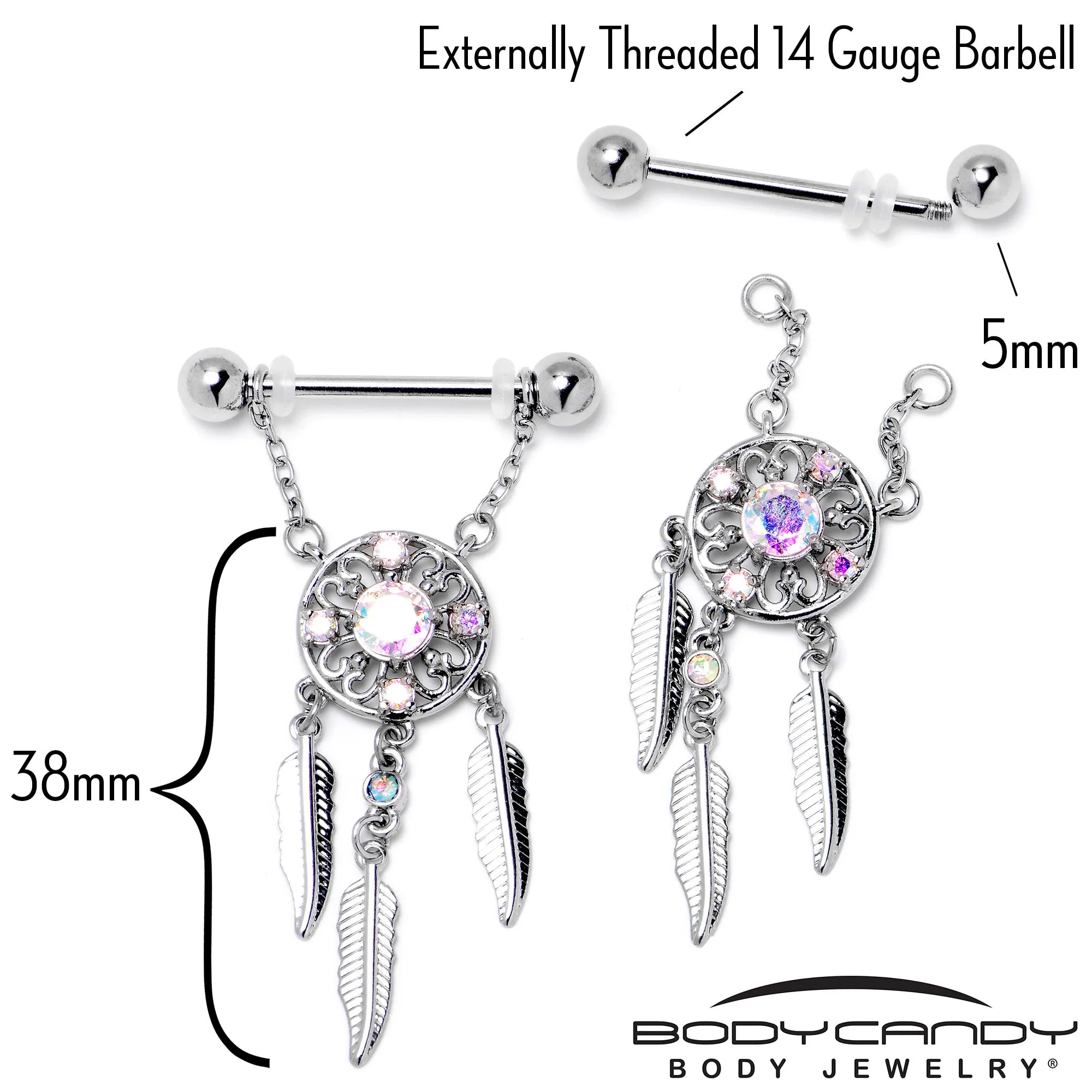 14 Gauge 9/16 Aurora CZ Gem Dreamcatcher Dangle Nipple Ring Set