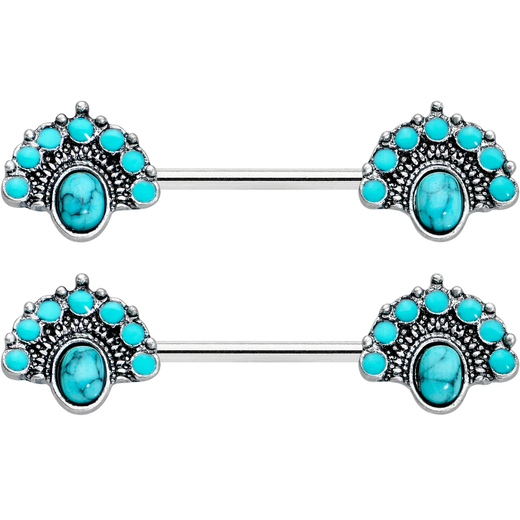 14 Gauge 9/16 Blue Turquoise Southwest Shield Barbell Nipple Ring Set