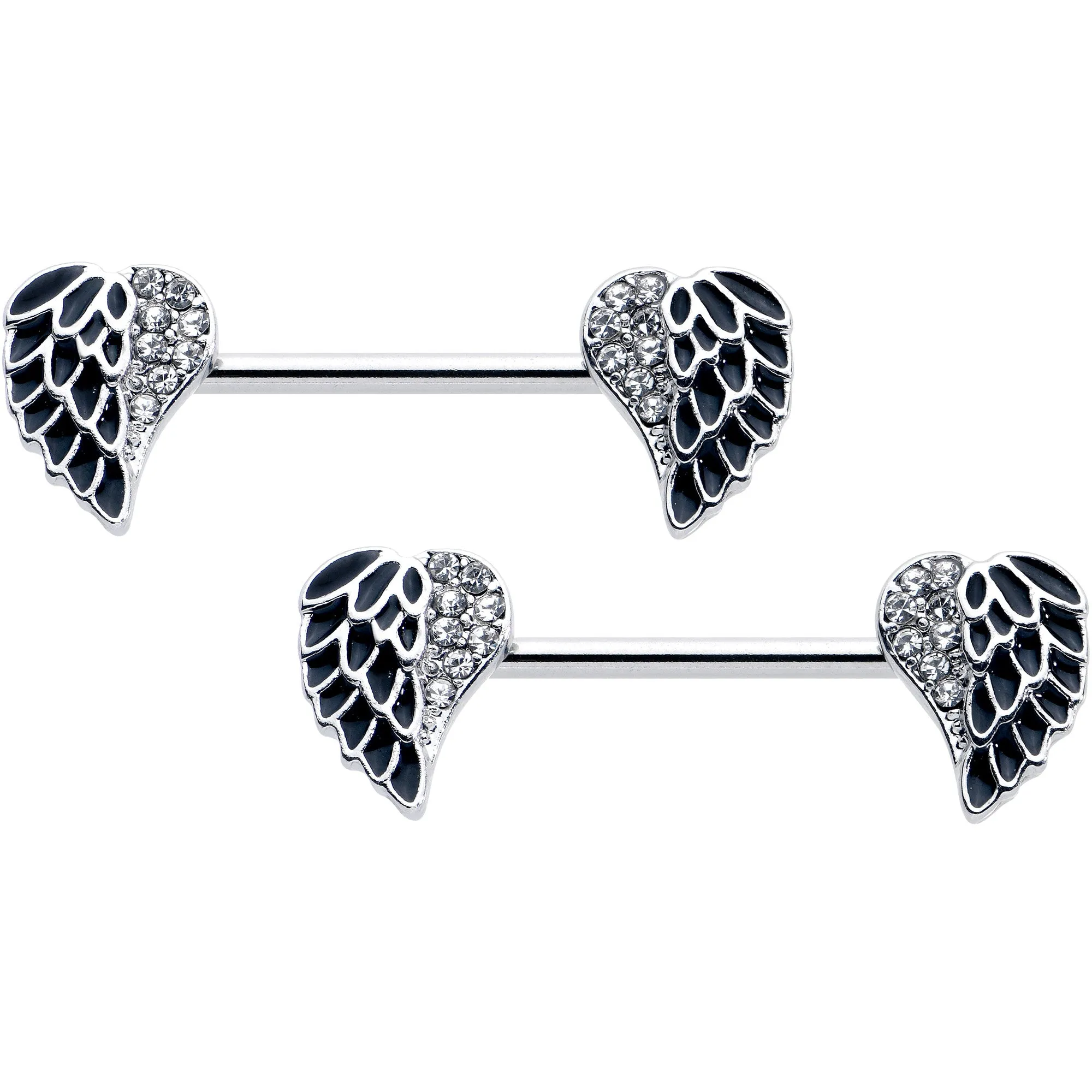 14 Gauge 9/16 Clear Gem Heavenly Heart Angel Wing Black Nipple Ring Set