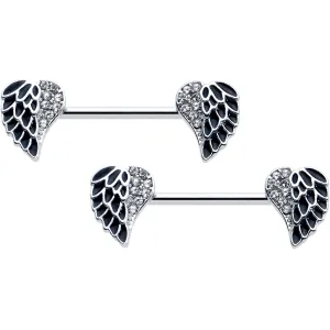 14 Gauge 9/16 Clear Gem Heavenly Heart Angel Wing Black Nipple Ring Set