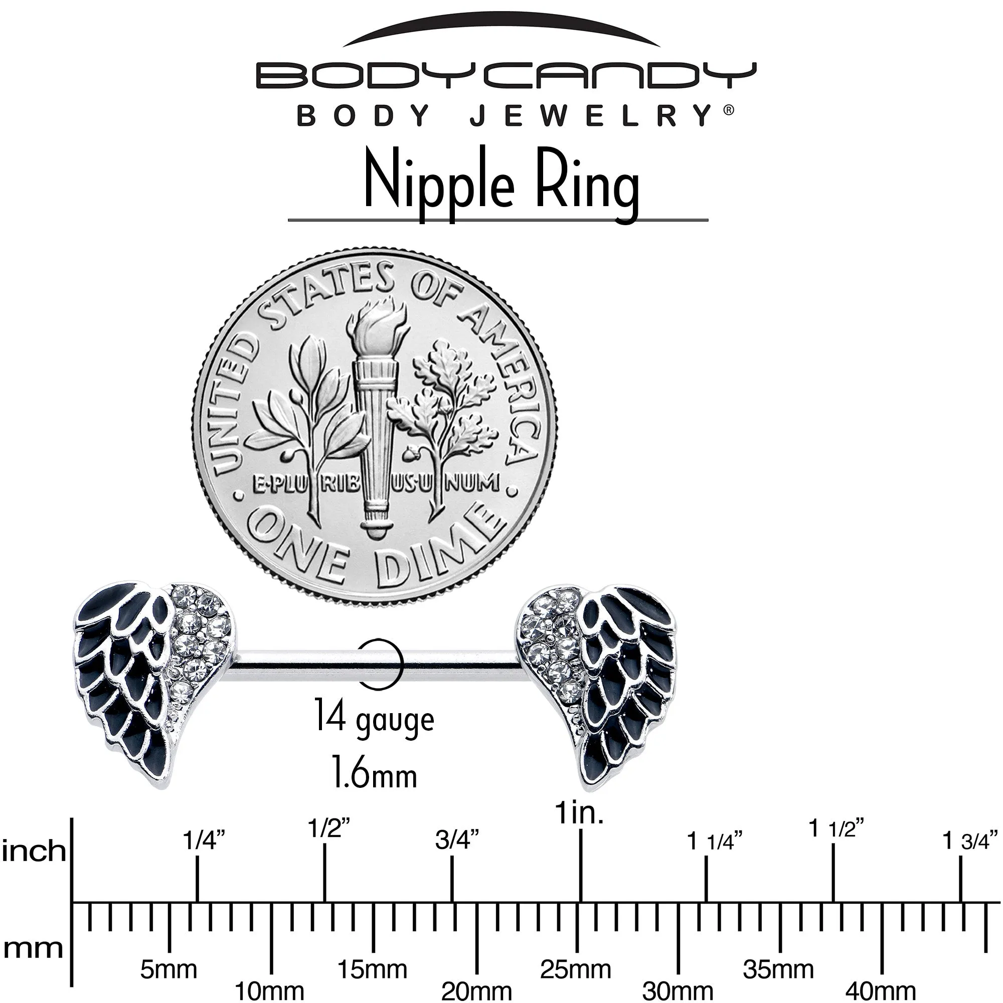 14 Gauge 9/16 Clear Gem Heavenly Heart Angel Wing Black Nipple Ring Set