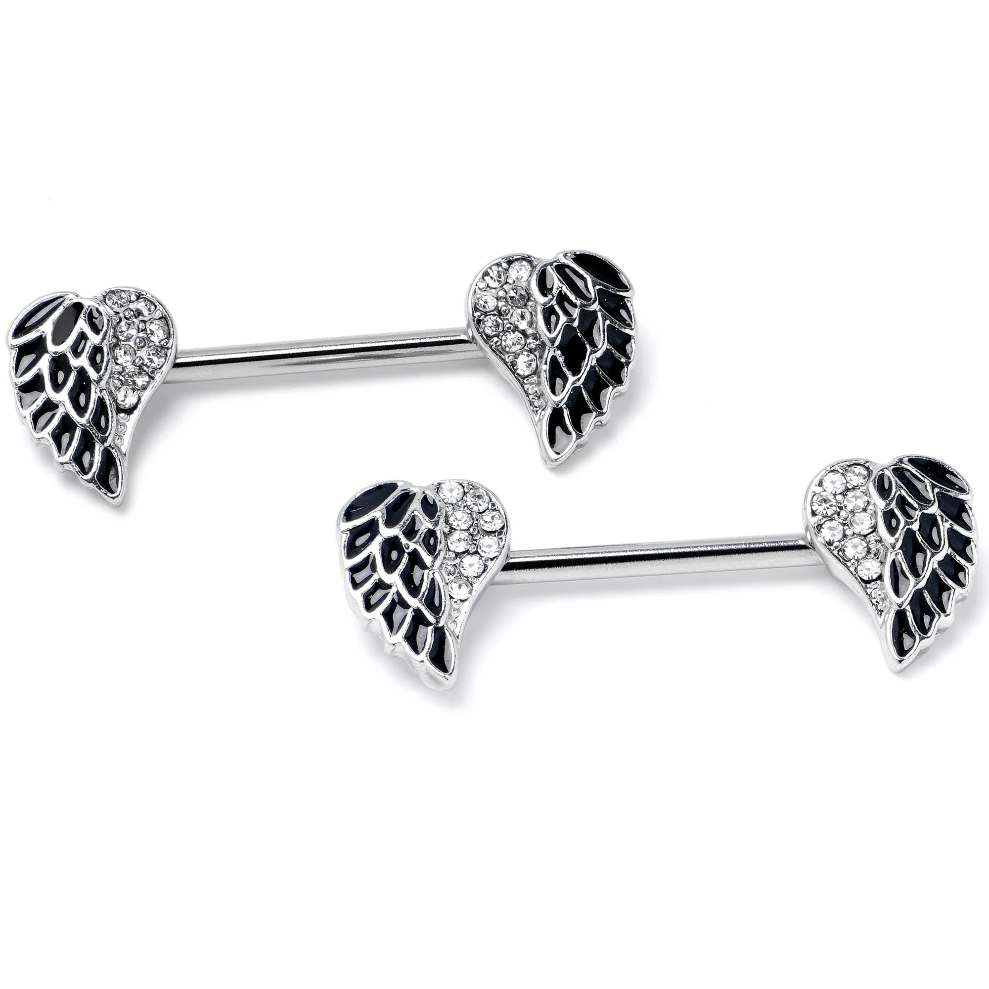 14 Gauge 9/16 Clear Gem Heavenly Heart Angel Wing Black Nipple Ring Set