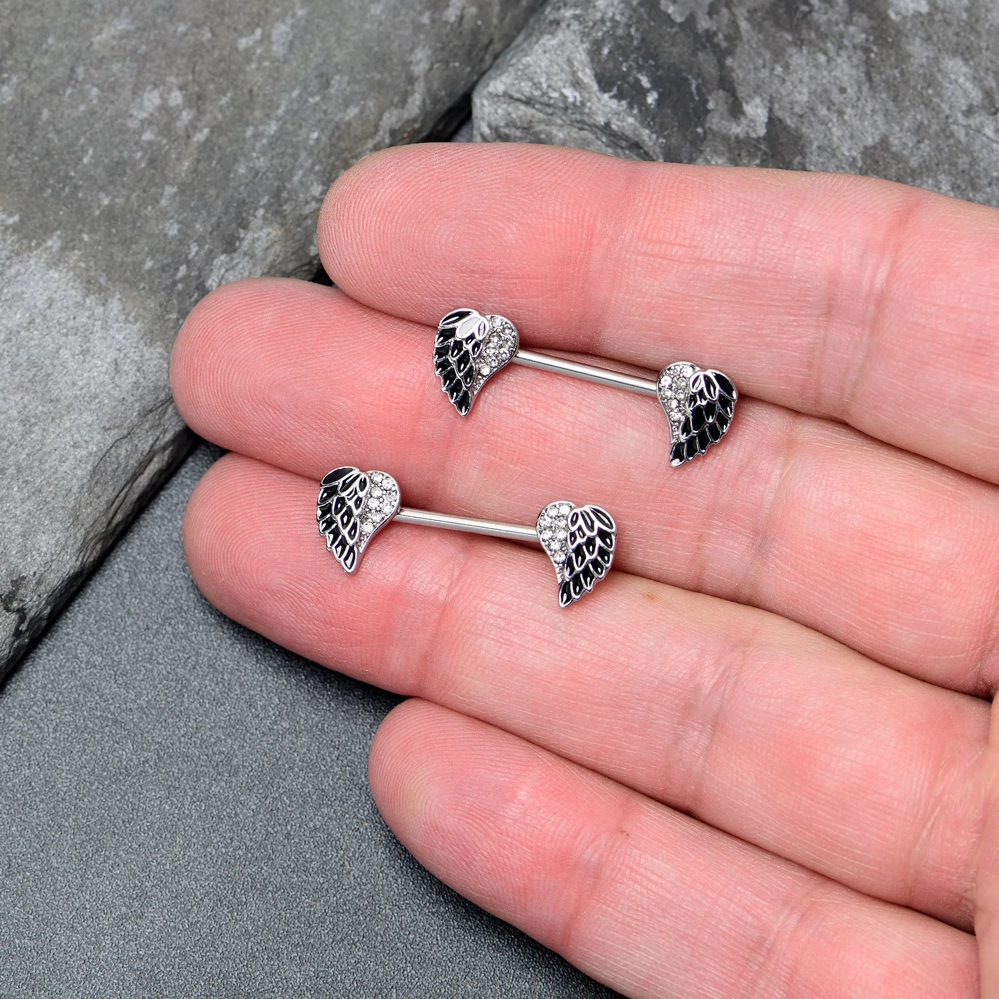 14 Gauge 9/16 Clear Gem Heavenly Heart Angel Wing Black Nipple Ring Set