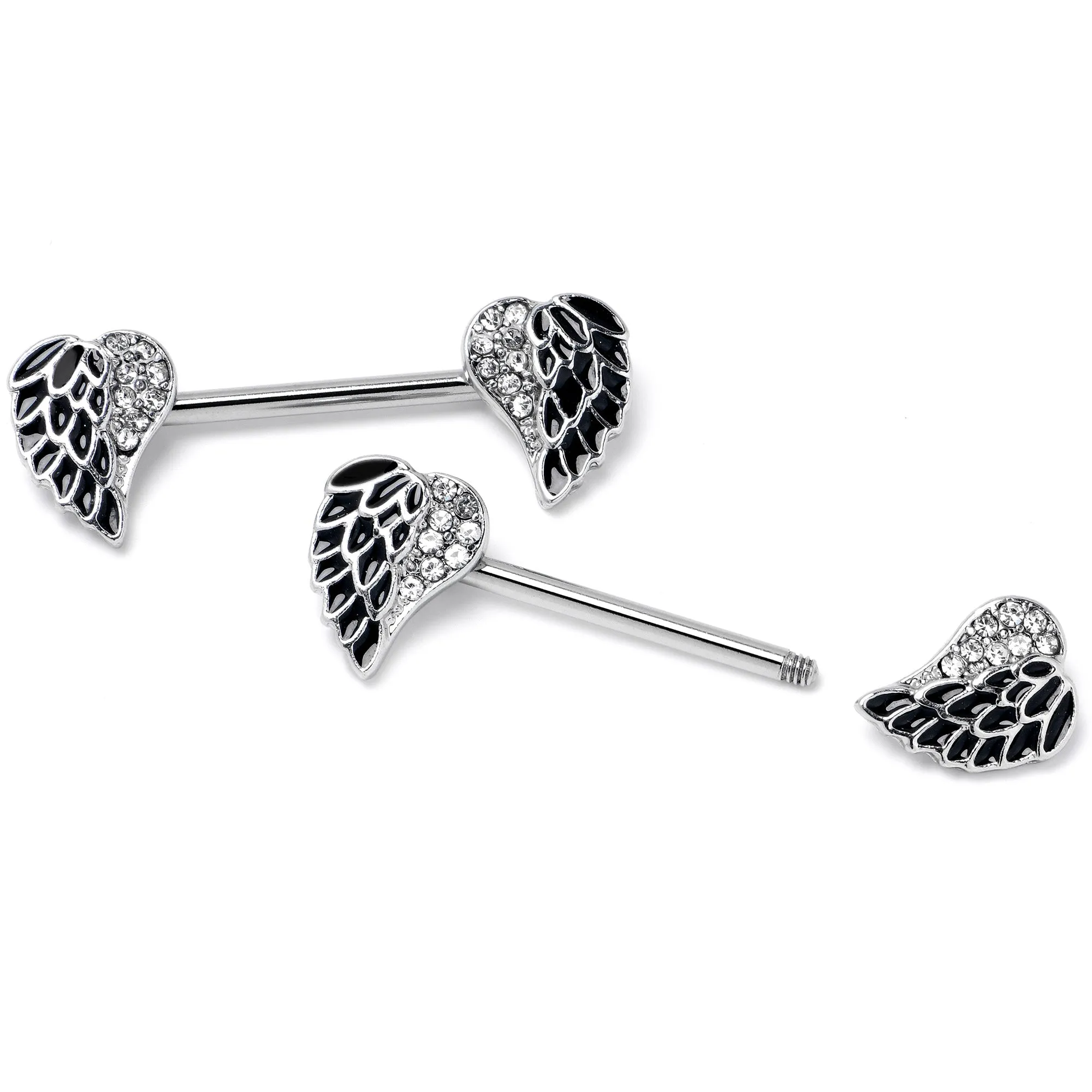 14 Gauge 9/16 Clear Gem Heavenly Heart Angel Wing Black Nipple Ring Set