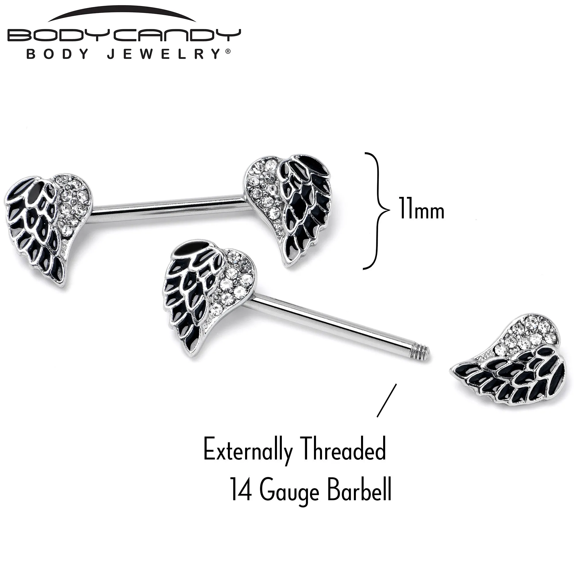 14 Gauge 9/16 Clear Gem Heavenly Heart Angel Wing Black Nipple Ring Set