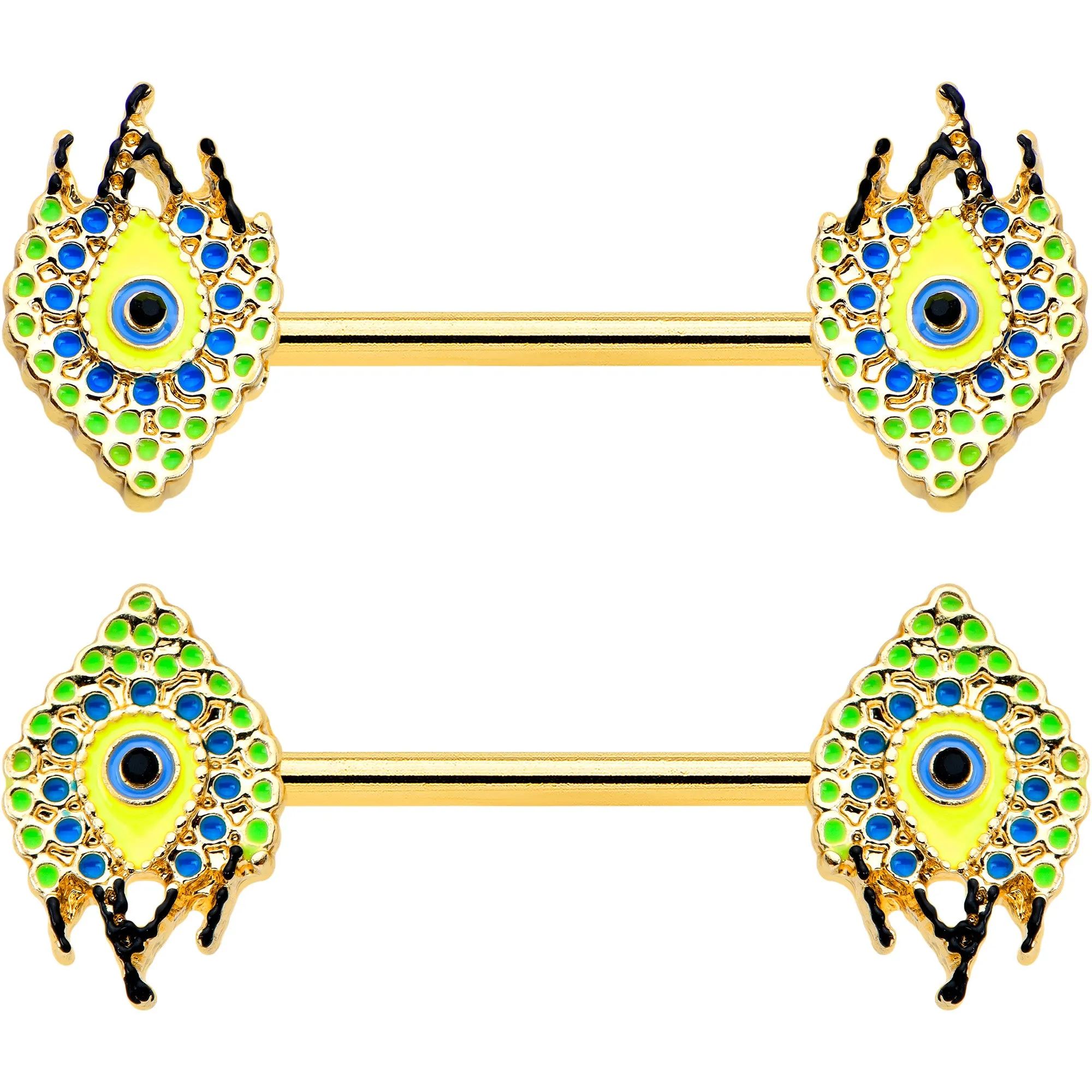 14 Gauge 9/16 Gold Tone Bold Peacock Feather Barbell Nipple Ring Set