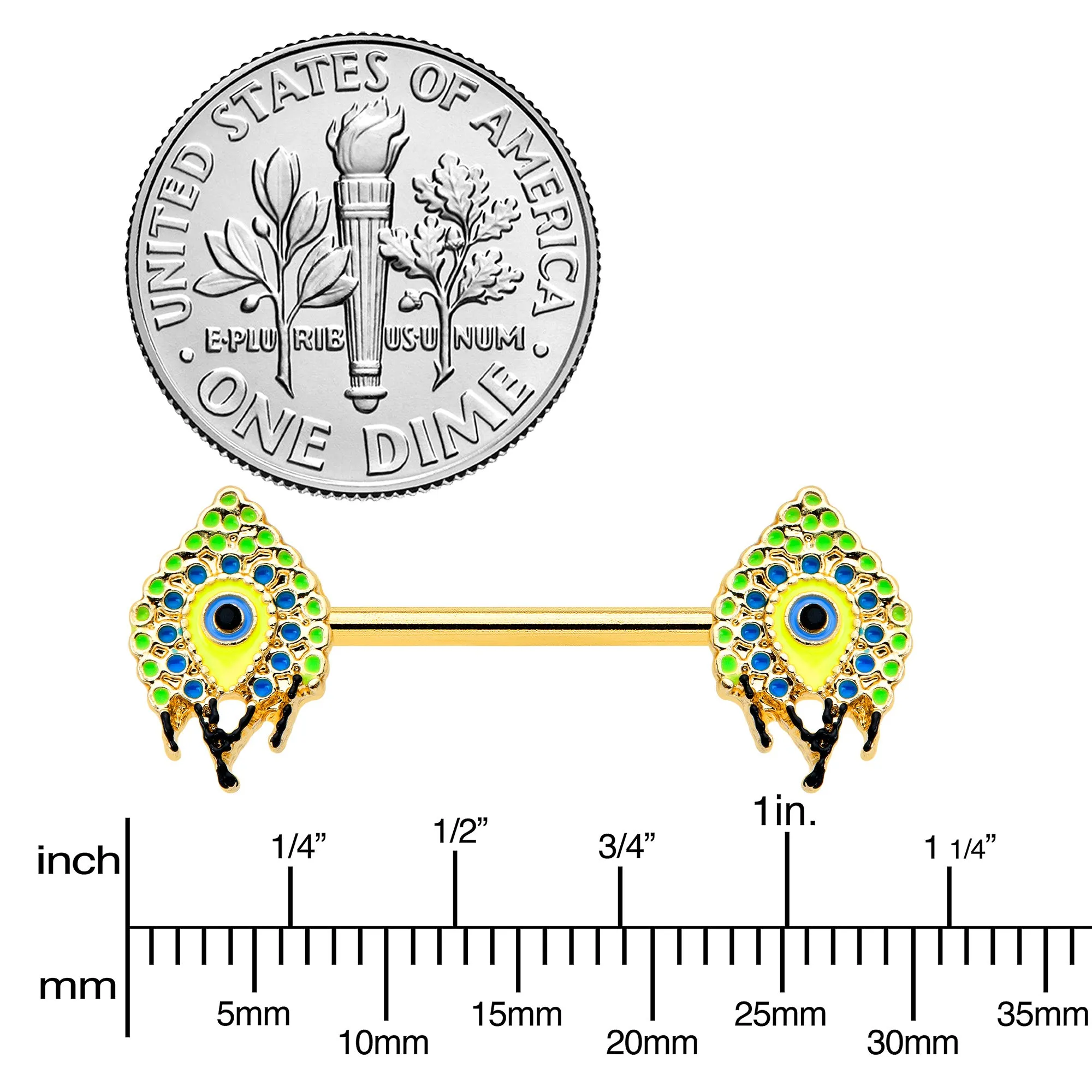 14 Gauge 9/16 Gold Tone Bold Peacock Feather Barbell Nipple Ring Set