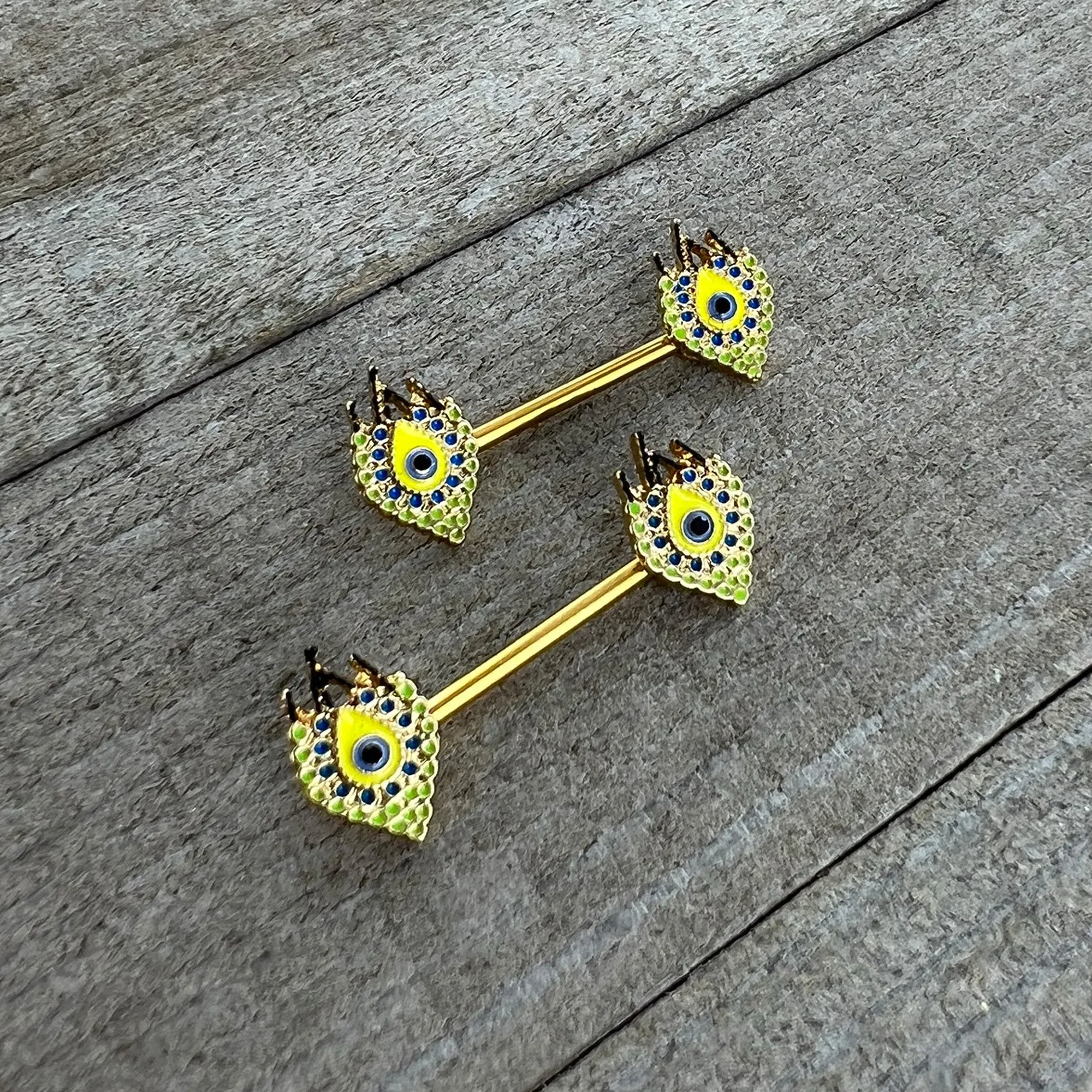 14 Gauge 9/16 Gold Tone Bold Peacock Feather Barbell Nipple Ring Set