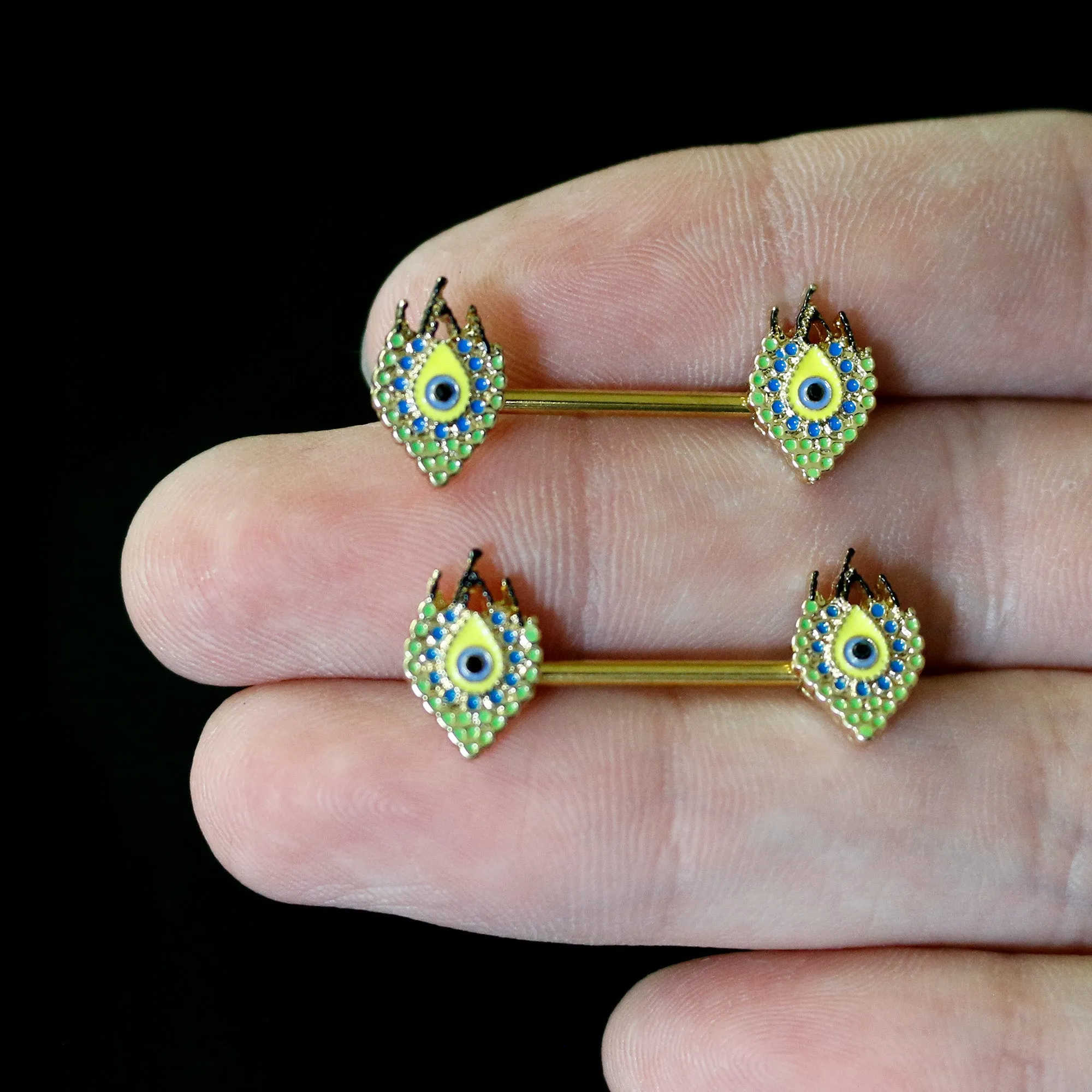 14 Gauge 9/16 Gold Tone Bold Peacock Feather Barbell Nipple Ring Set