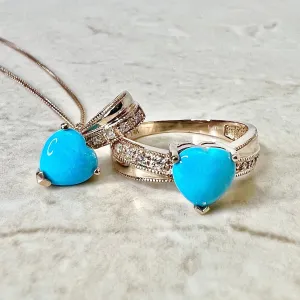 14 Karat Rose Gold Turquoise & Diamond Heart Ring & Pendant Necklace Set