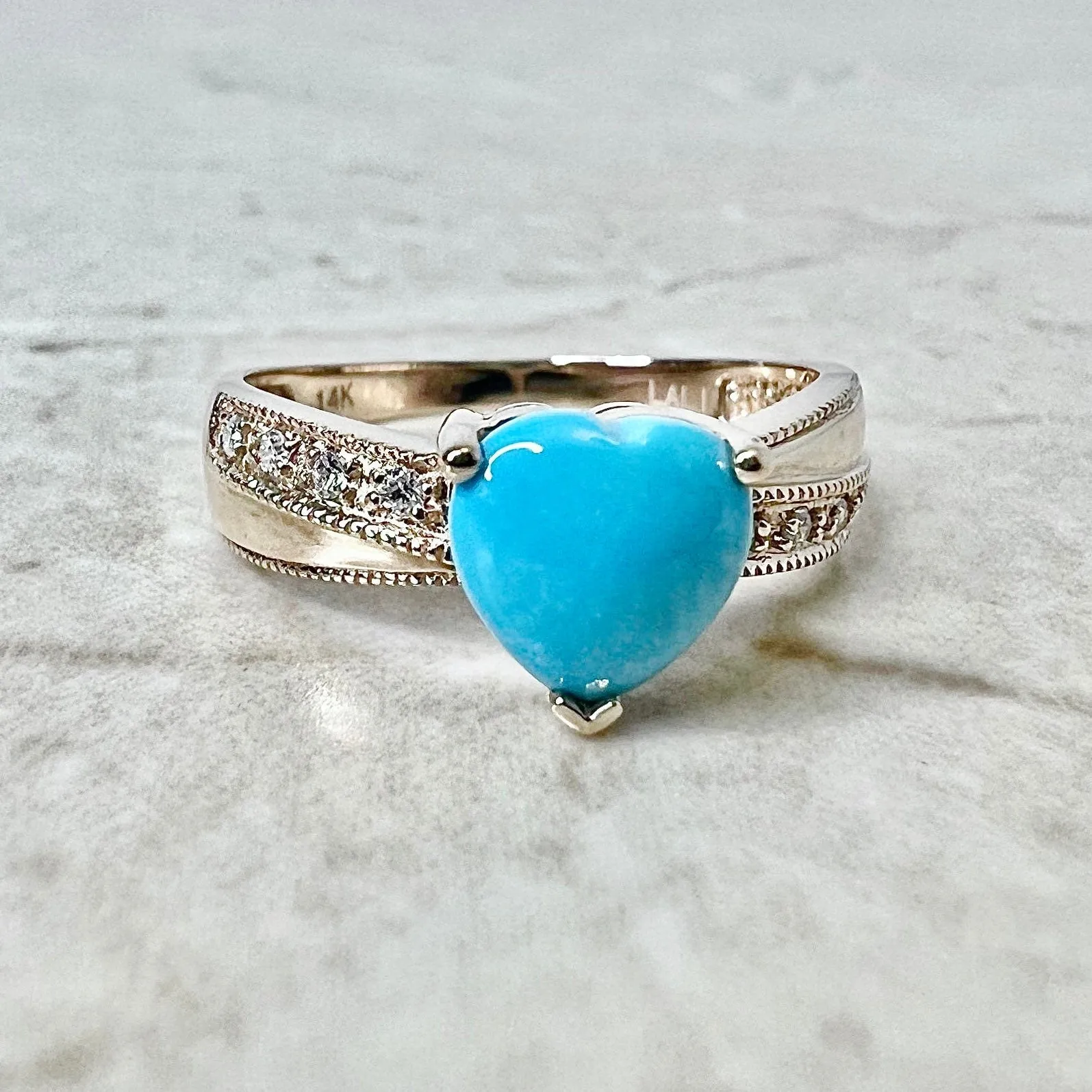 14 Karat Rose Gold Turquoise & Diamond Heart Ring & Pendant Necklace Set
