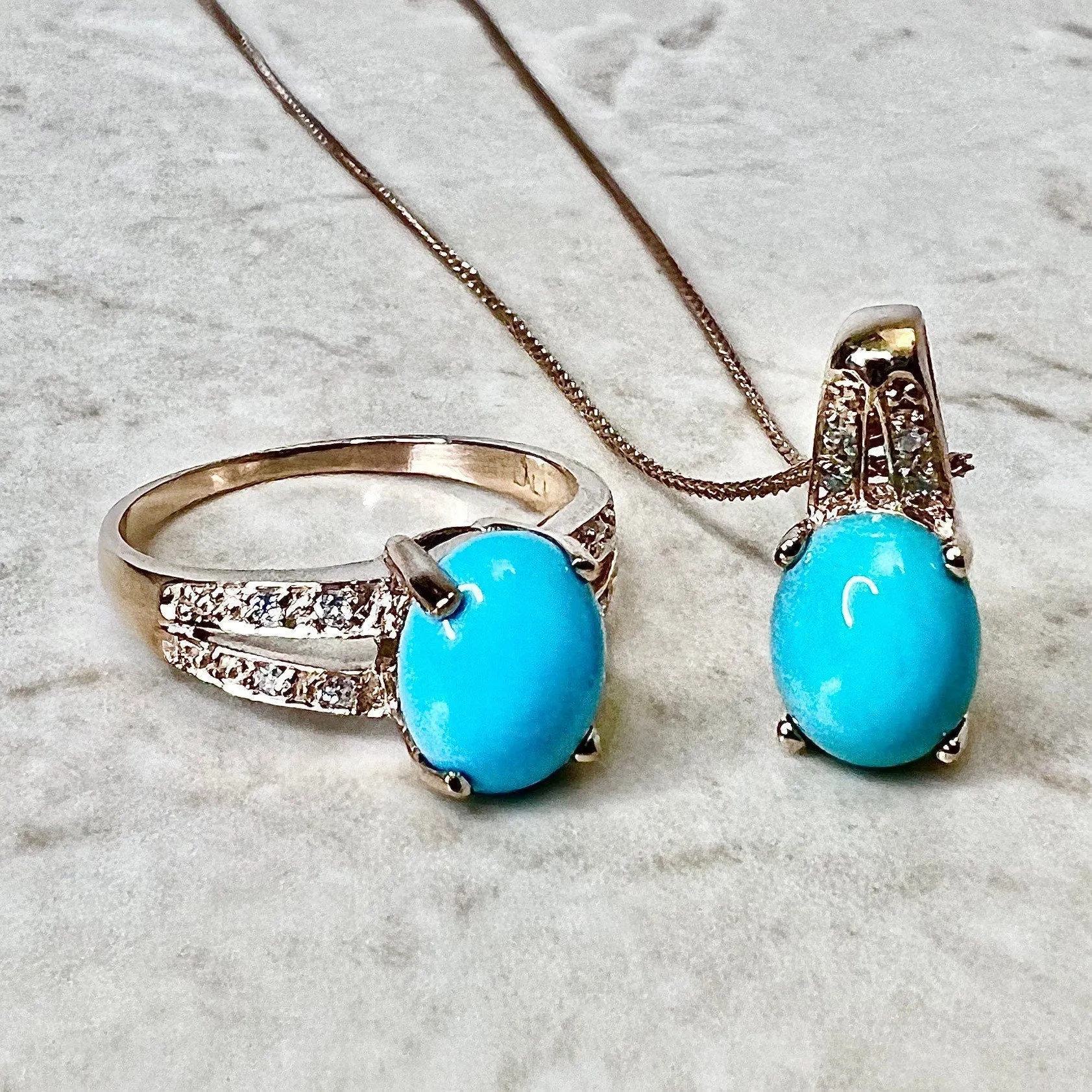 14 Karat Rose Gold Turquoise And Diamond Ring & Pendant Necklace Set
