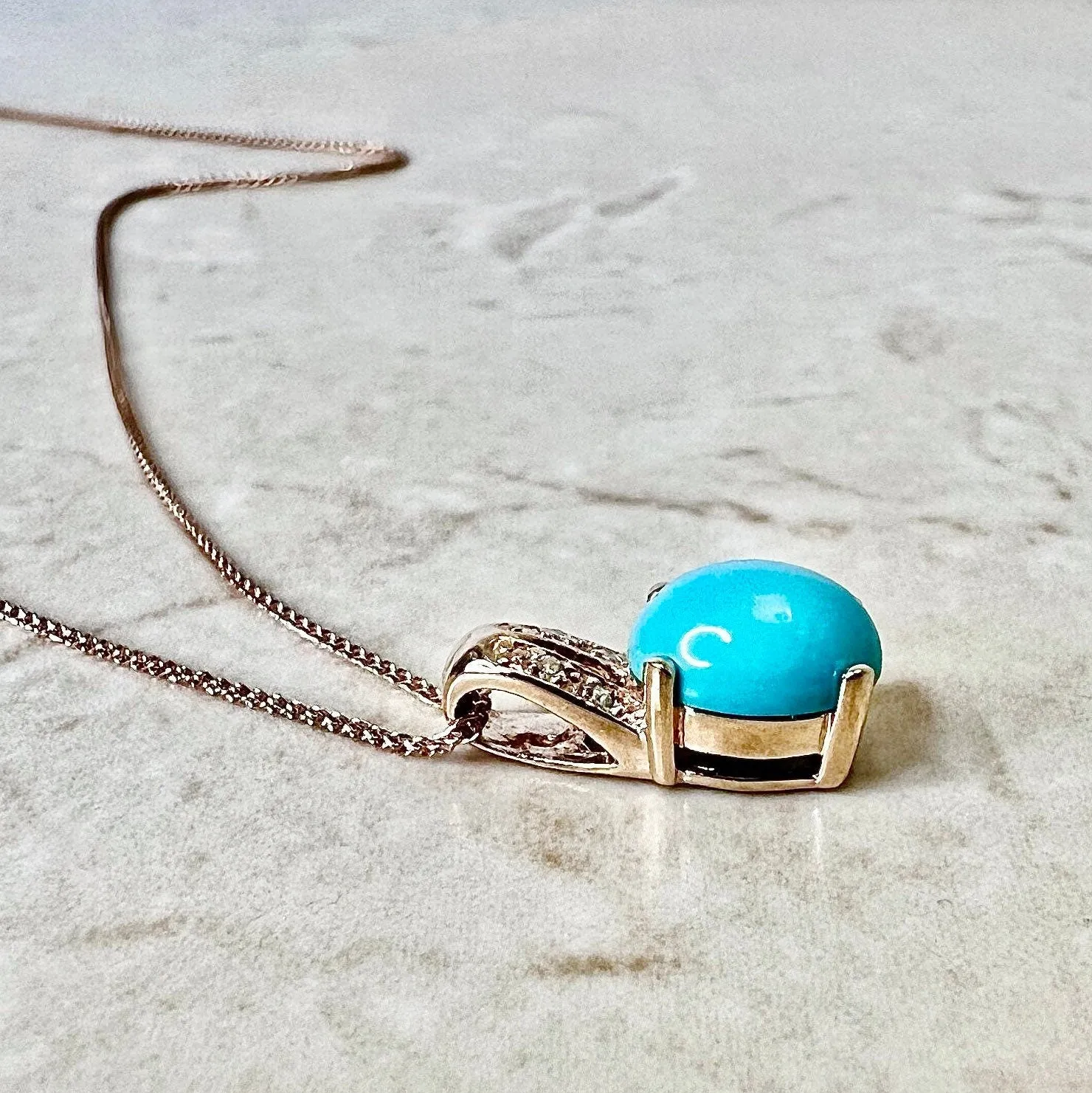 14 Karat Rose Gold Turquoise And Diamond Ring & Pendant Necklace Set