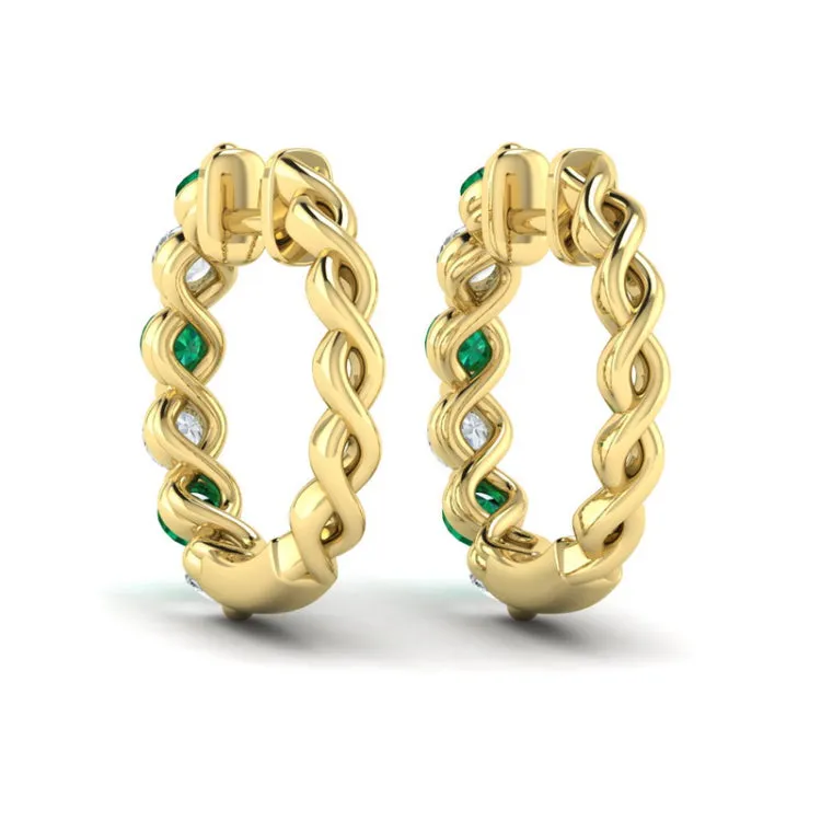 14 KT Yellow Gold Diamond and Emerald  Twist Hoop Earrings