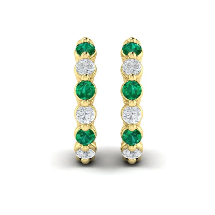 14 KT Yellow Gold Diamond and Emerald  Twist Hoop Earrings
