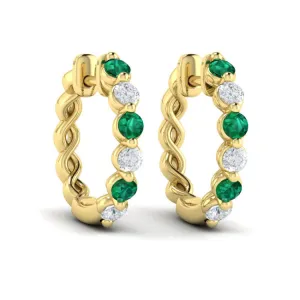 14 KT Yellow Gold Diamond and Emerald  Twist Hoop Earrings