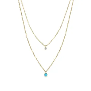 14k Diamond & Turquoise Bezel Layered Chain Necklace