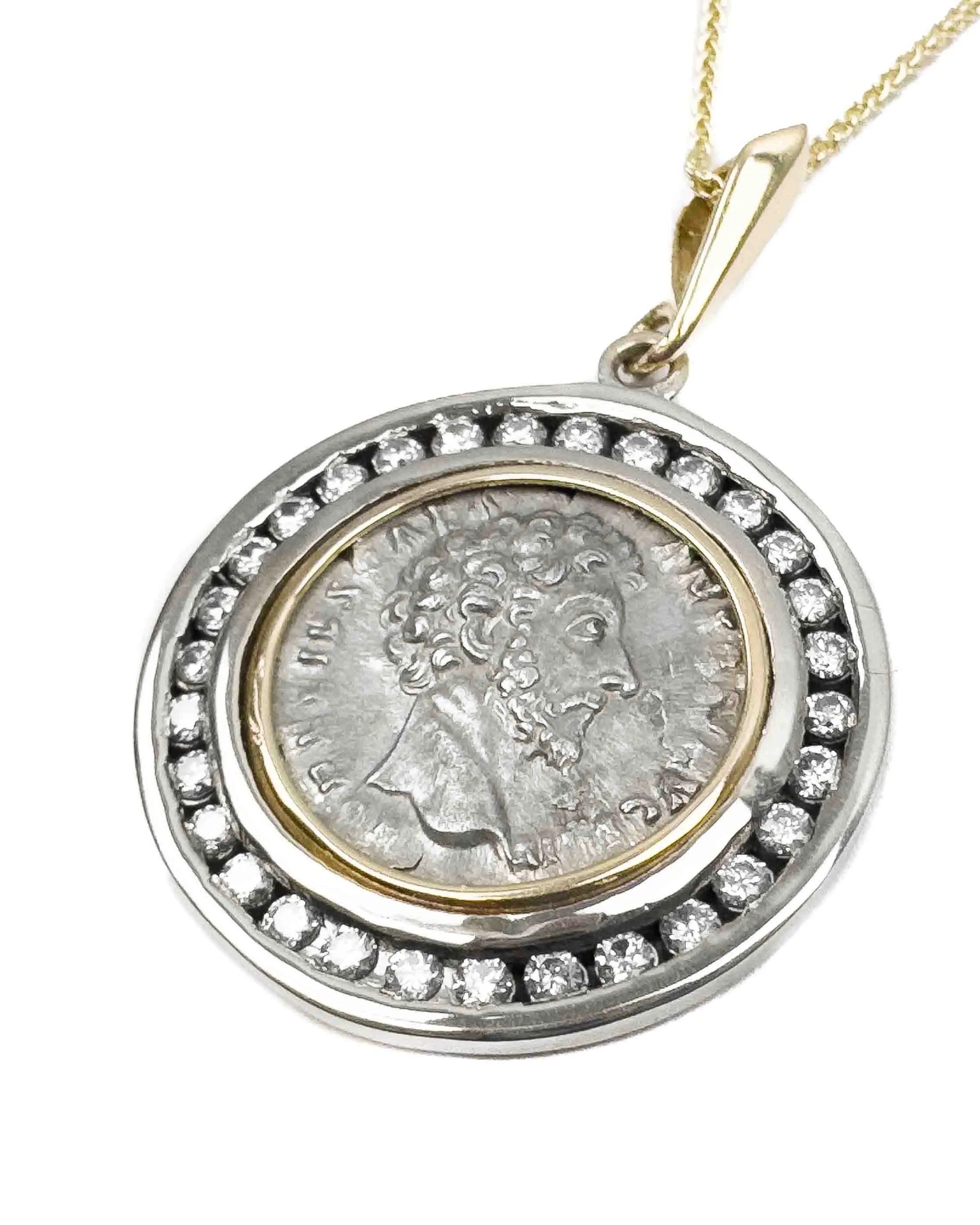 14k Gold & Diamond Genuine Ancient Roman Coin Necklace (Marcus Aurelius; 156-157 A.D.)