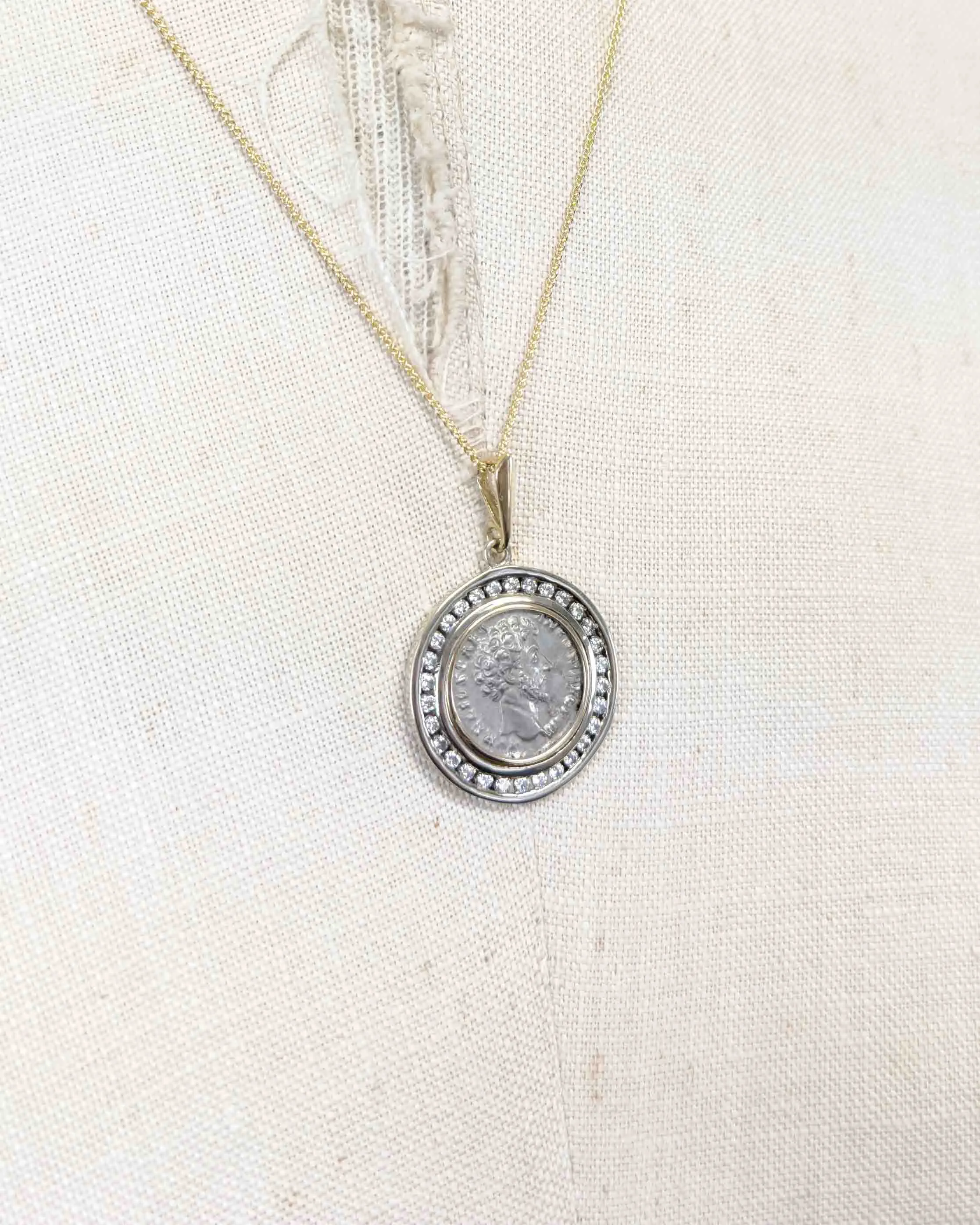 14k Gold & Diamond Genuine Ancient Roman Coin Necklace (Marcus Aurelius; 156-157 A.D.)