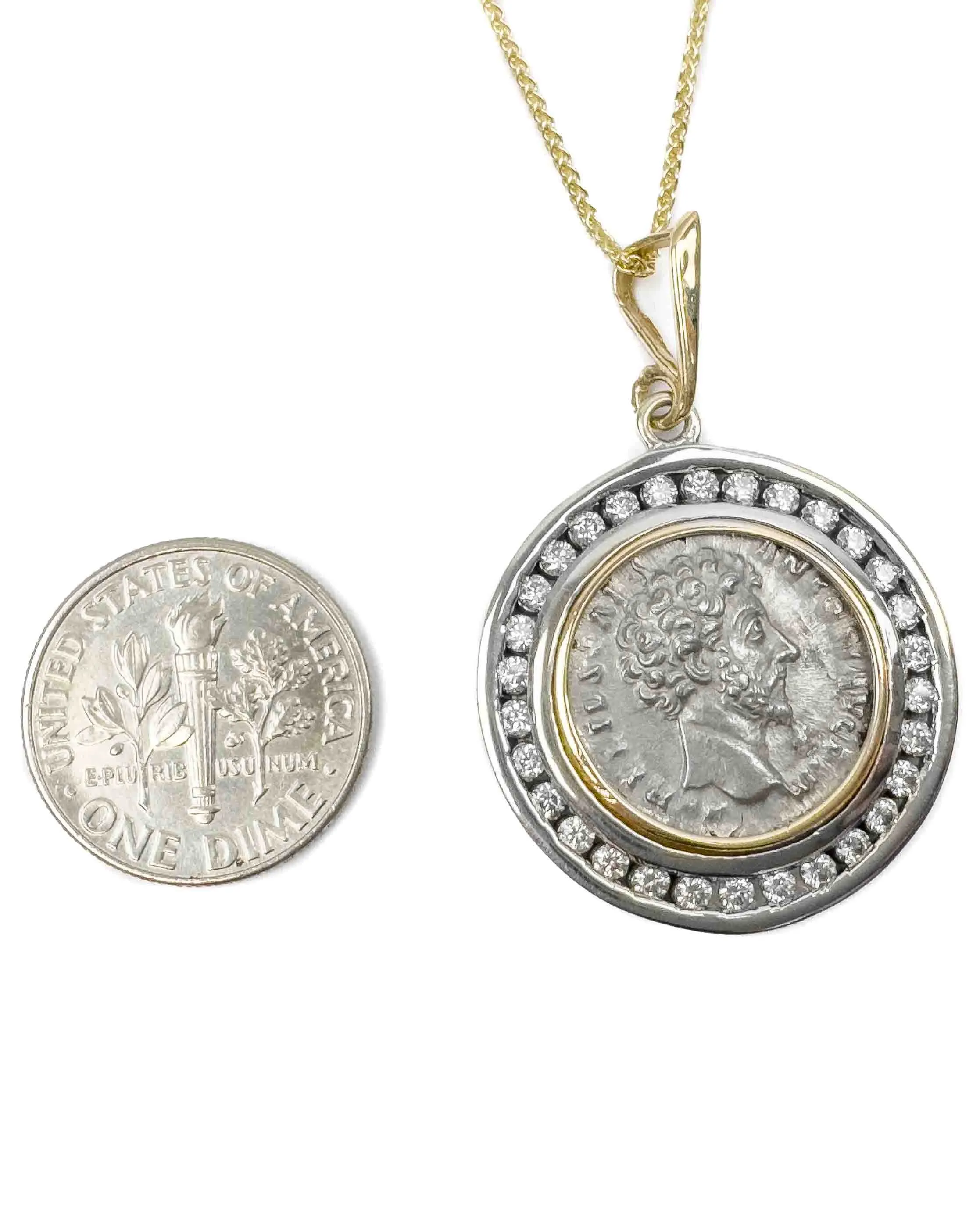 14k Gold & Diamond Genuine Ancient Roman Coin Necklace (Marcus Aurelius; 156-157 A.D.)