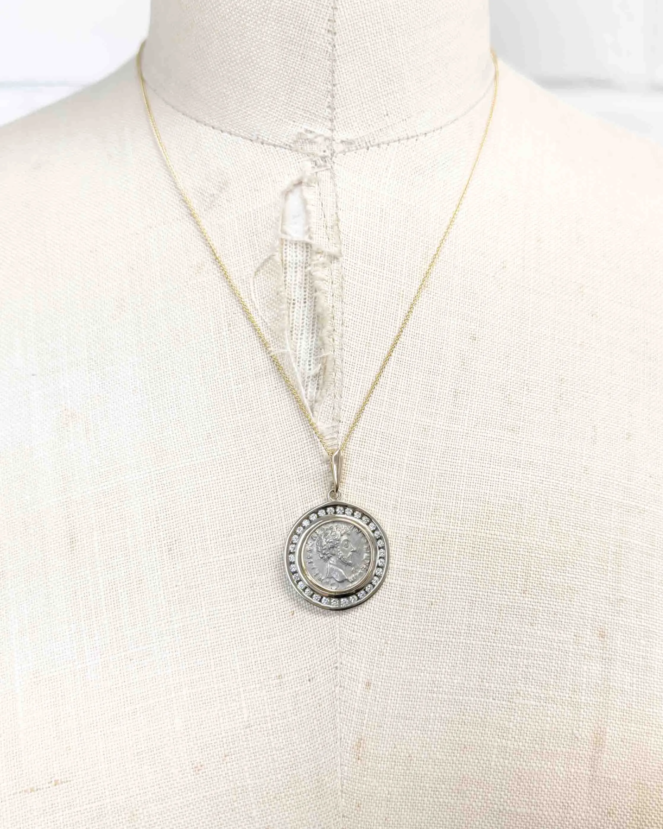 14k Gold & Diamond Genuine Ancient Roman Coin Necklace (Marcus Aurelius; 156-157 A.D.)