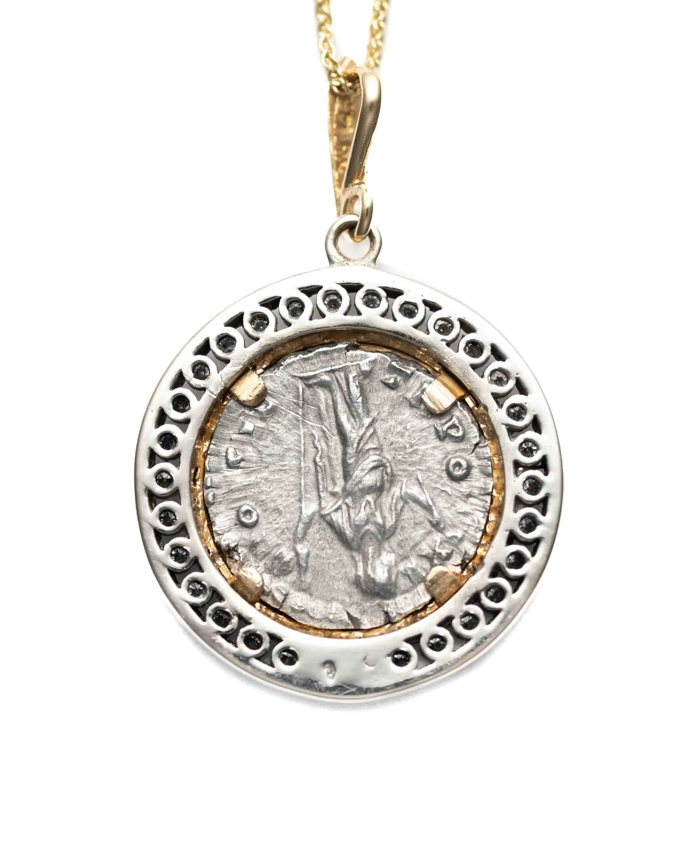 14k Gold & Diamond Genuine Ancient Roman Coin Necklace (Marcus Aurelius; 156-157 A.D.)