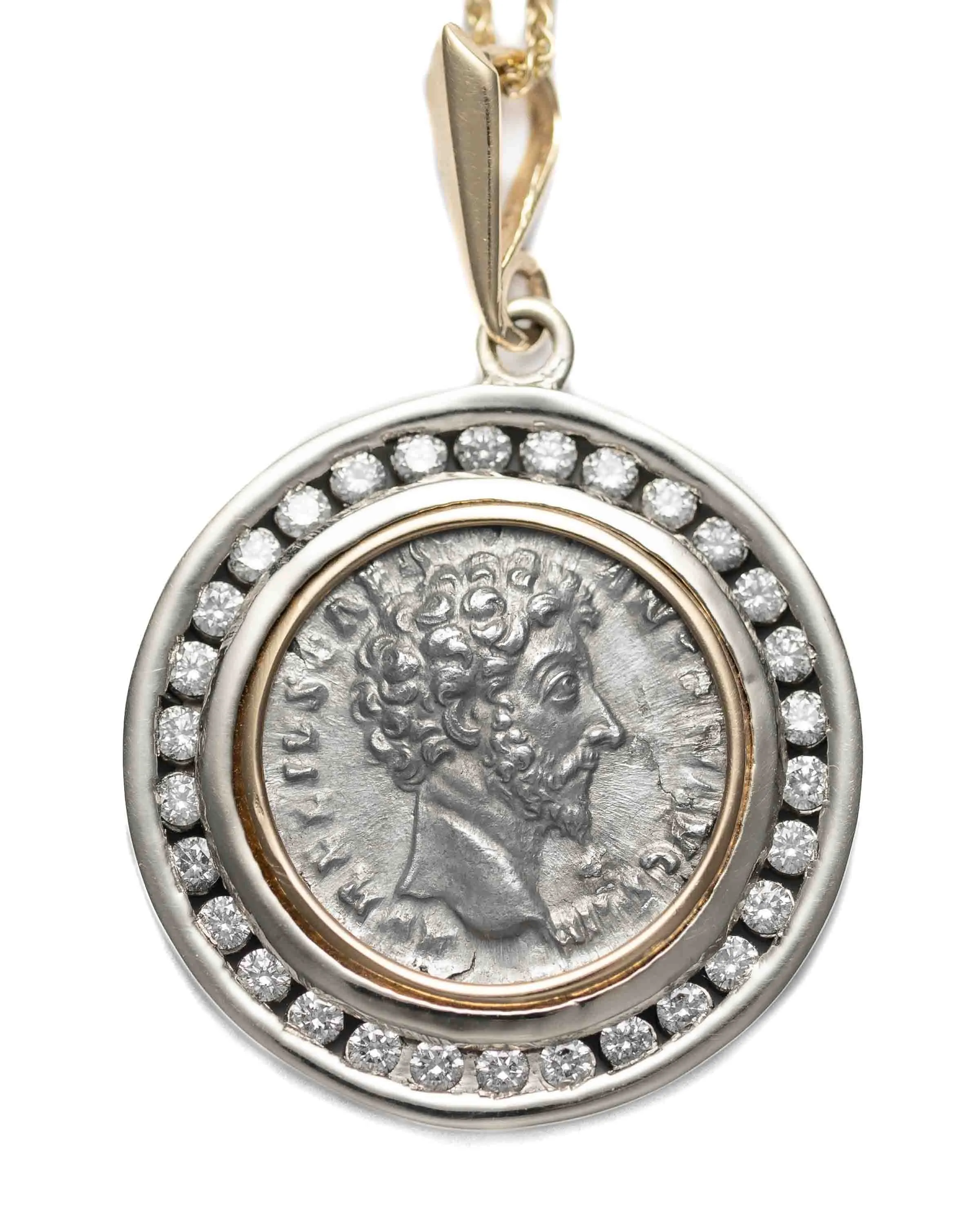 14k Gold & Diamond Genuine Ancient Roman Coin Necklace (Marcus Aurelius; 156-157 A.D.)